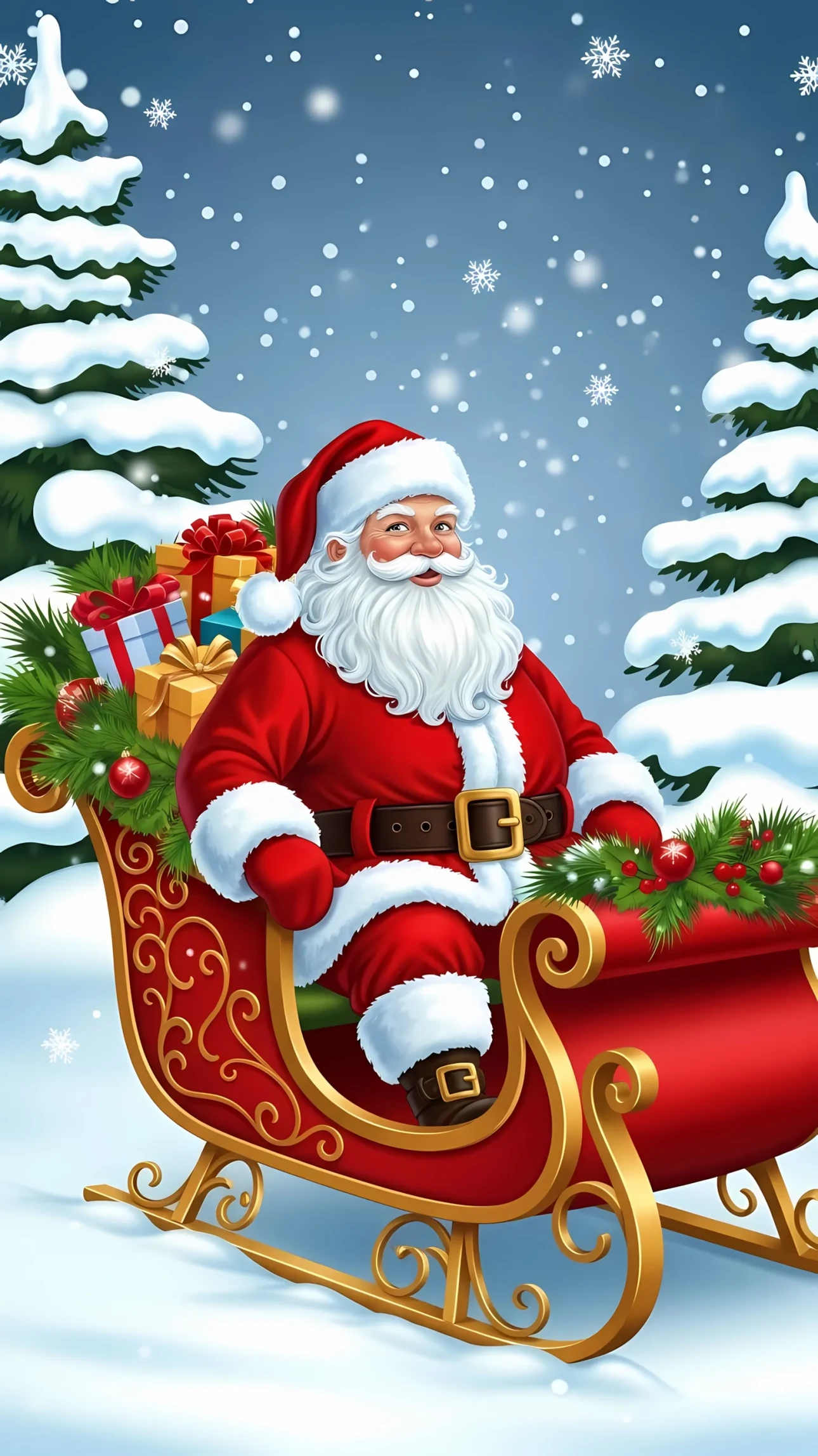 Enhance your designs with this festive Santa illustration featuring presents and snowy fir trees, perfect for creating magical Christmas projects. Ready for holiday cheer.