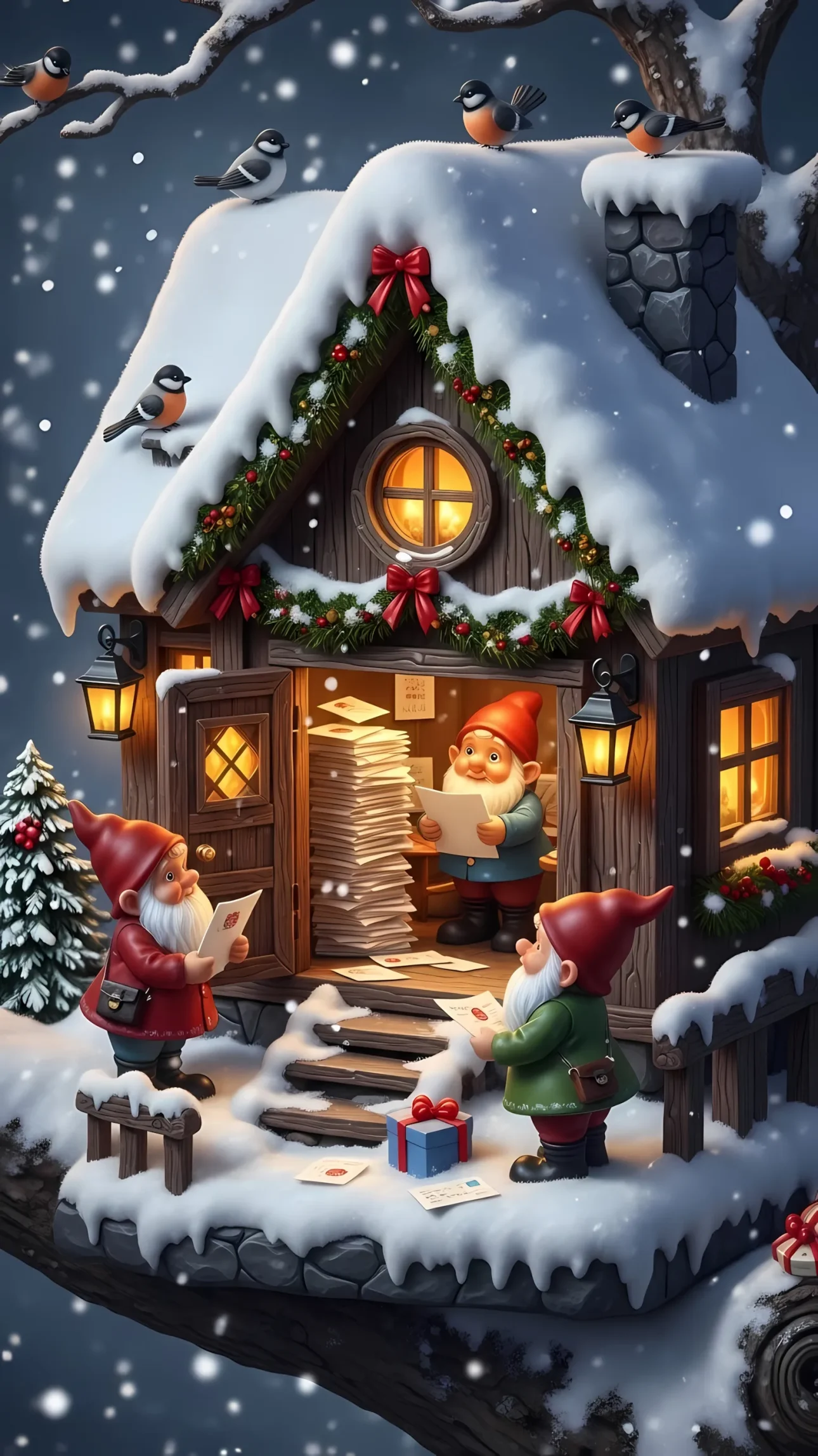 Enhance your holiday designs with this charming gnome illustration featuring a festive cottage, perfect for adding a whimsical touch to seasonal projects. Ready for commercial use.