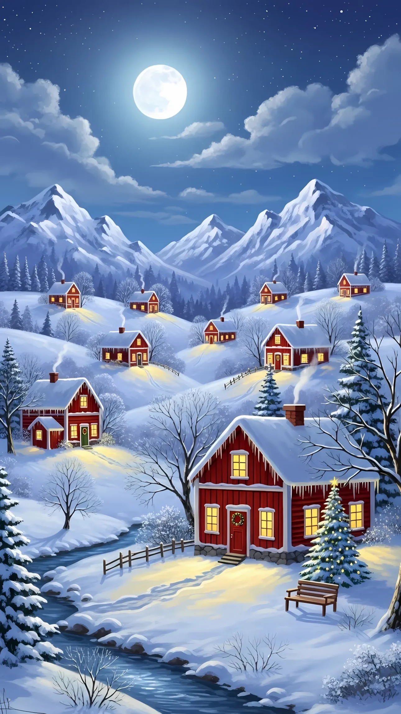 Evoke winter wonder with this charming landscape of a moonlit village, perfect for festive designs. Ready for high-resolution projects and commercial use.