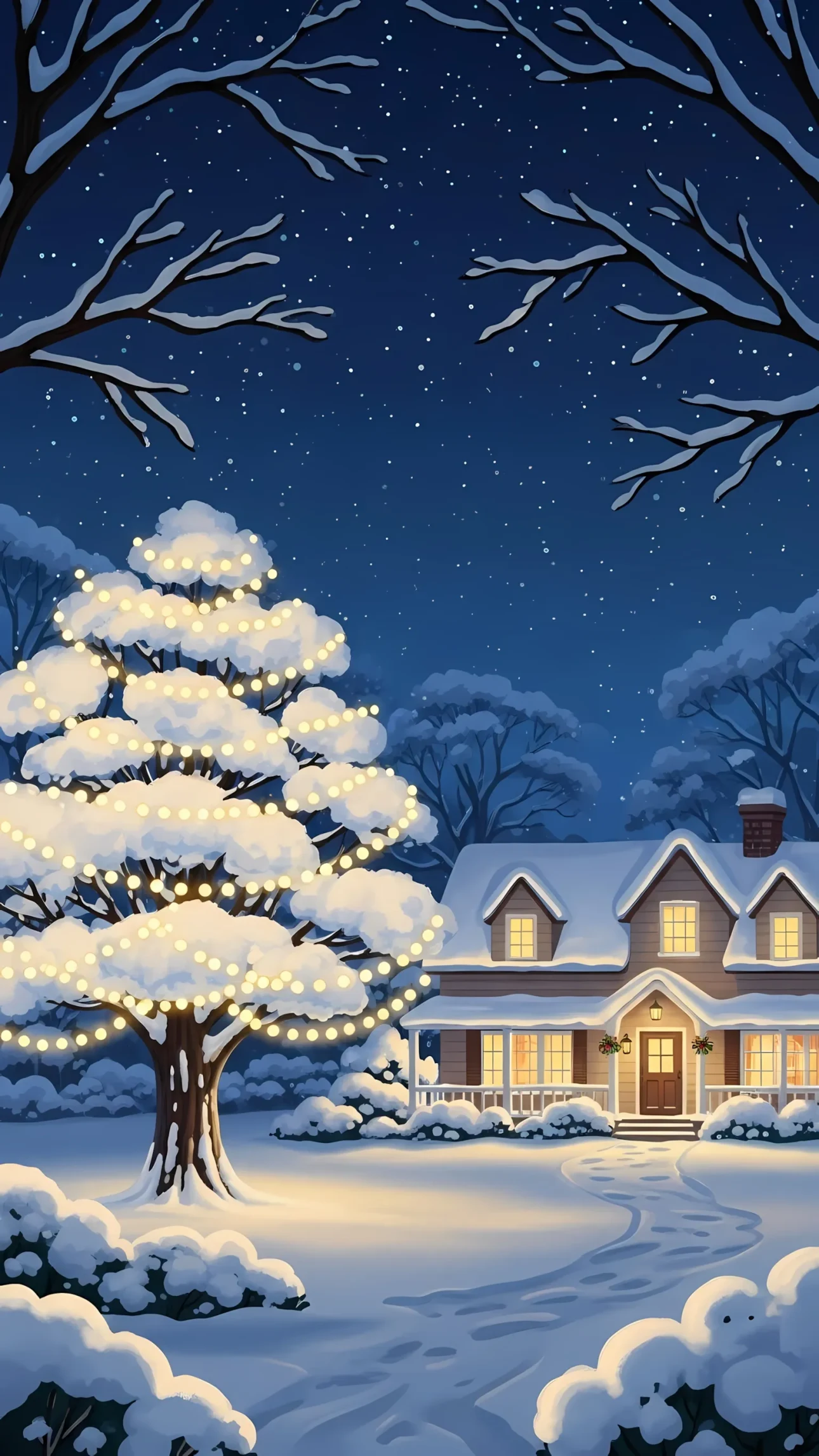 Enhance your designs with this idyllic winter scene featuring a cozy house and snow-covered trees. Perfect for holiday cards and festive promotions.