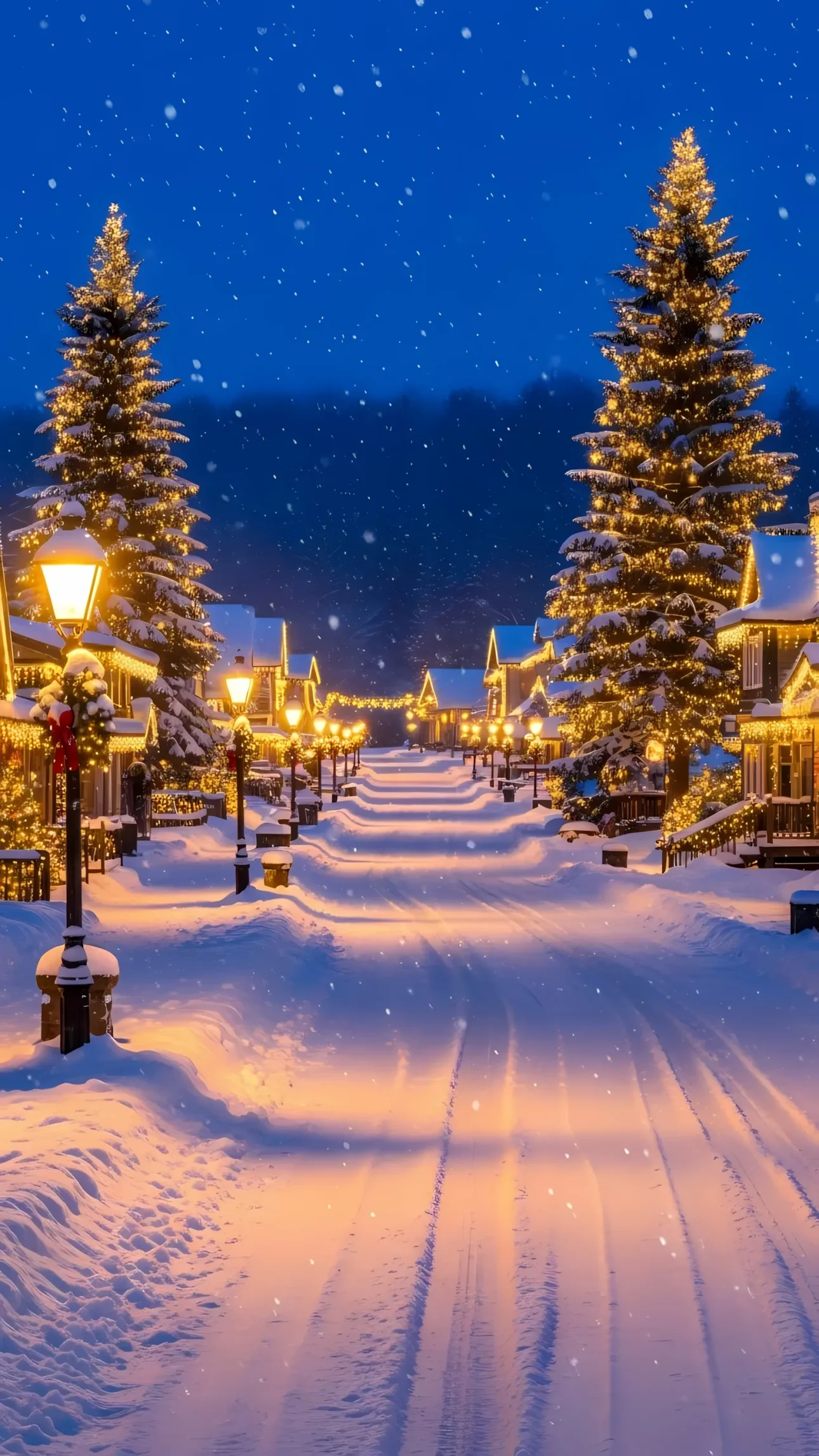 Evoke winter wonder with this charming snow-covered village illustration, complete with festive Christmas lights and a tranquil, dreamlike atmosphere. Perfect for holiday cards.