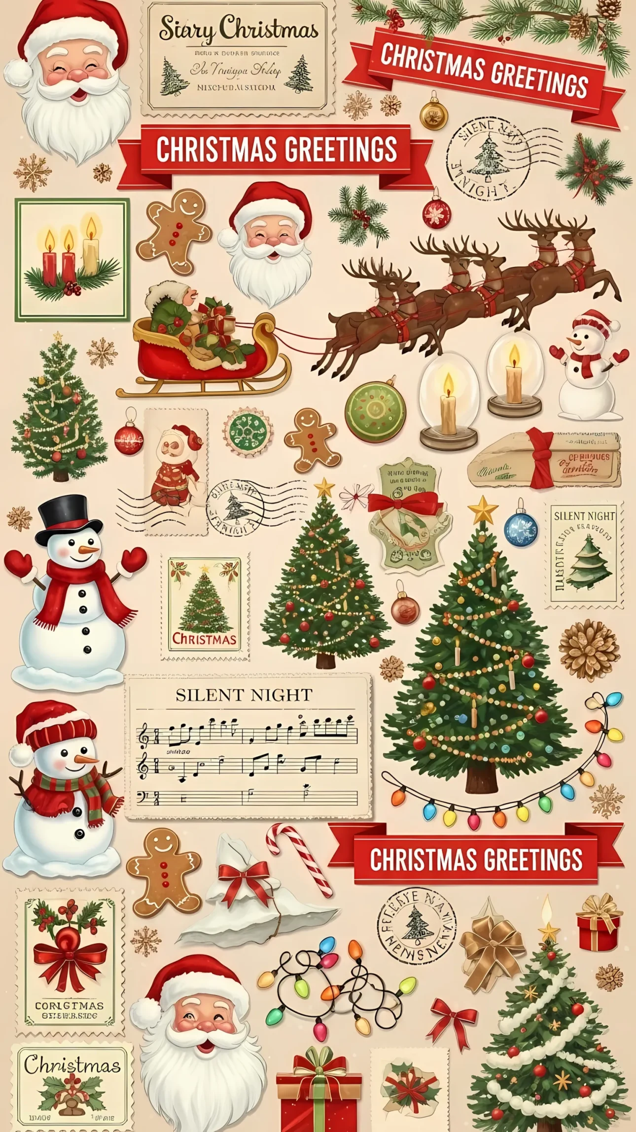 Enhance your festive projects with this premium design asset, featuring vintage Christmas illustrations of Santa, trees and greetings. Perfect for holiday-themed designs.