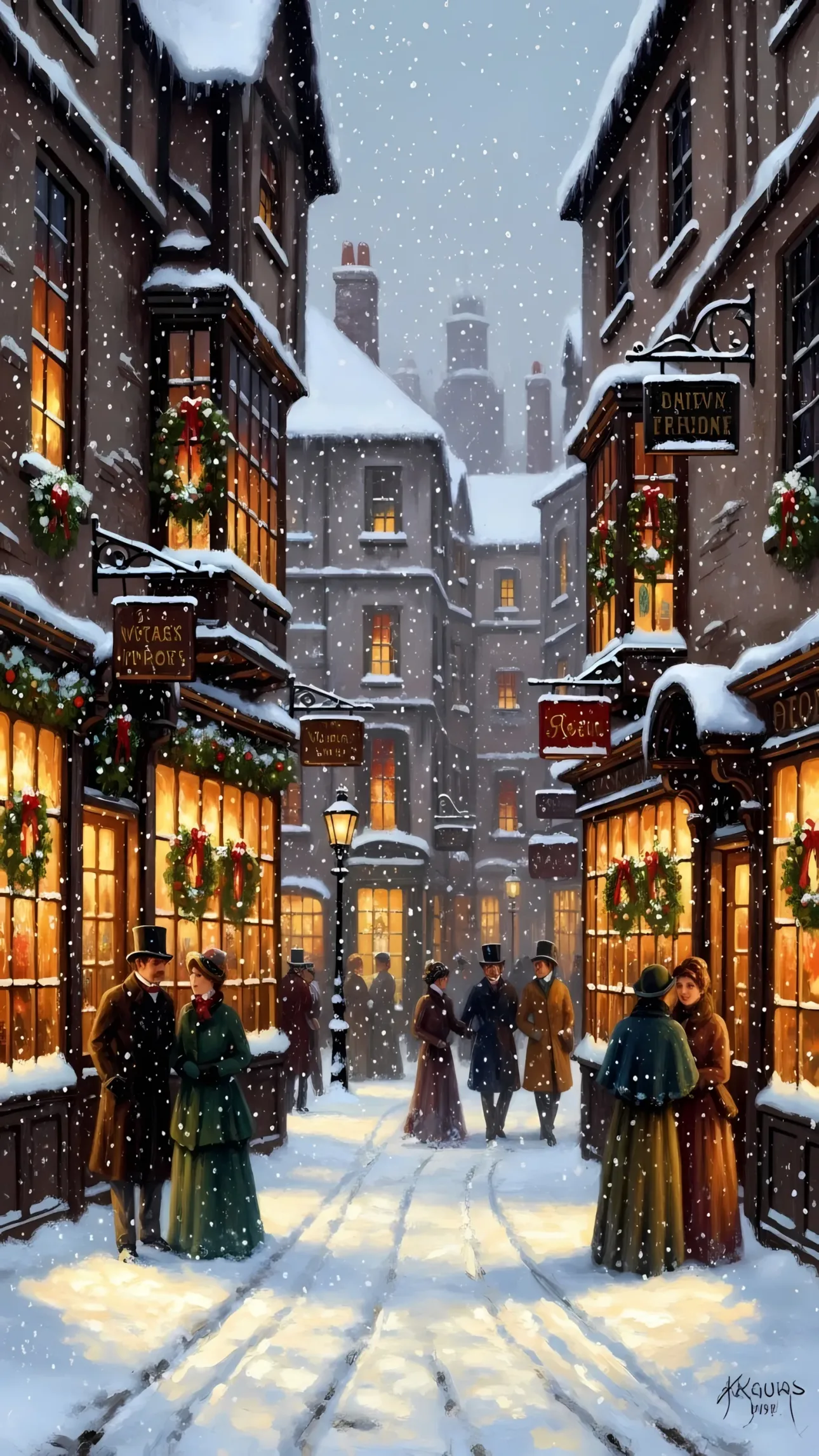 Immerse in a Victorian-era winter scene featuring festive wreaths and snow-covered buildings. Perfect for nostalgic holiday designs and high-end branding.