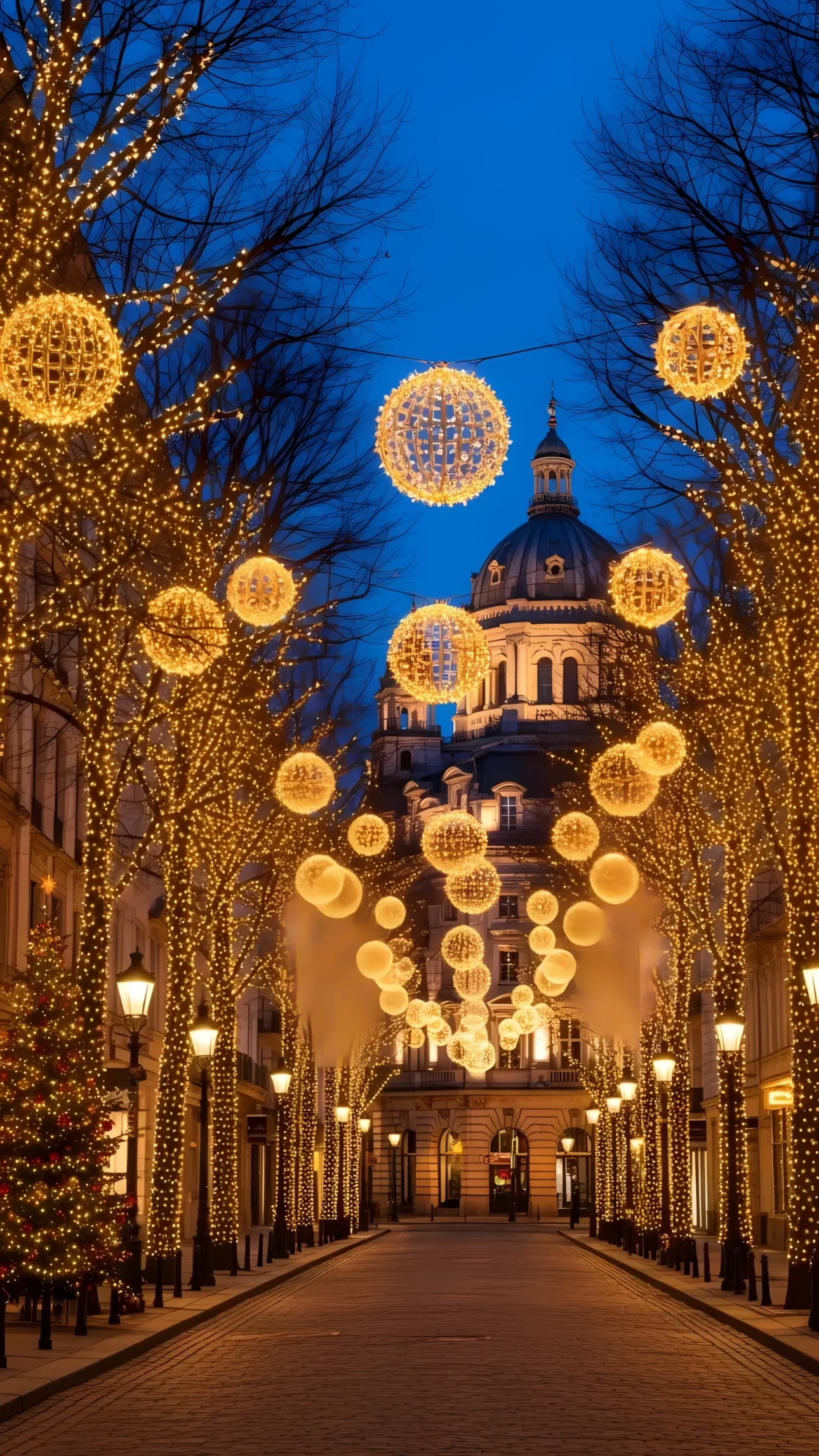 Elevate your designs with this festive city scene featuring Christmas lights and a domed building, perfect for holiday-themed projects and winter campaigns.