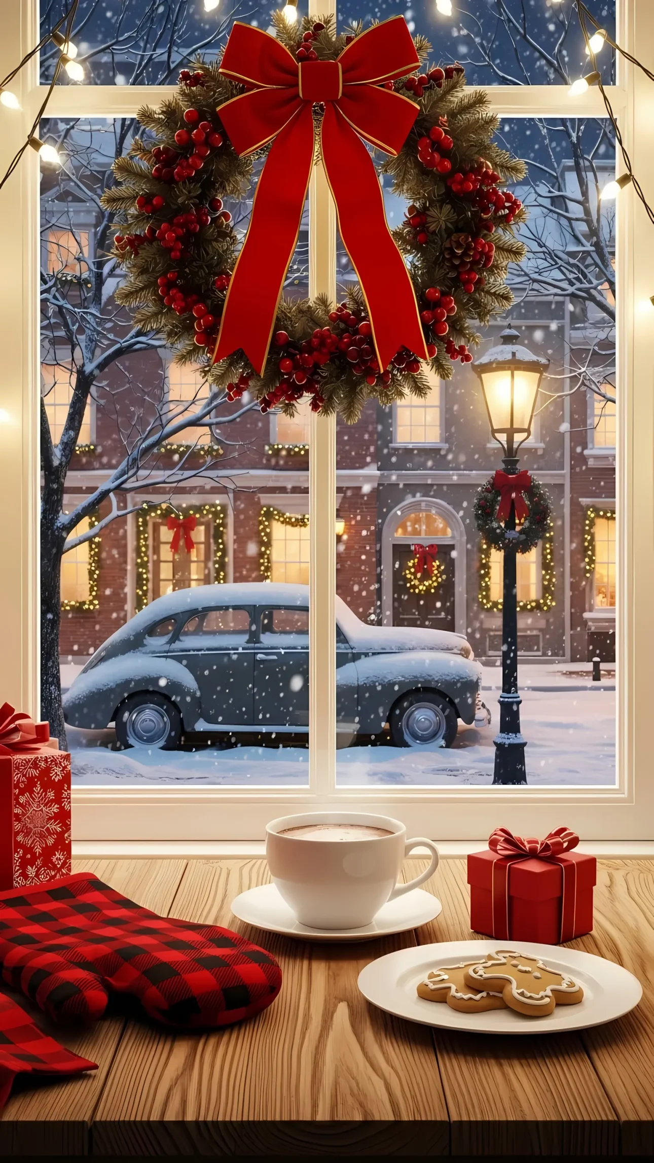 Evoke winter's charm with this Christmas window scene. Features a snow-covered vintage car, gingerbread cookies, and cozy holiday ambiance. Ideal for seasonal designs.