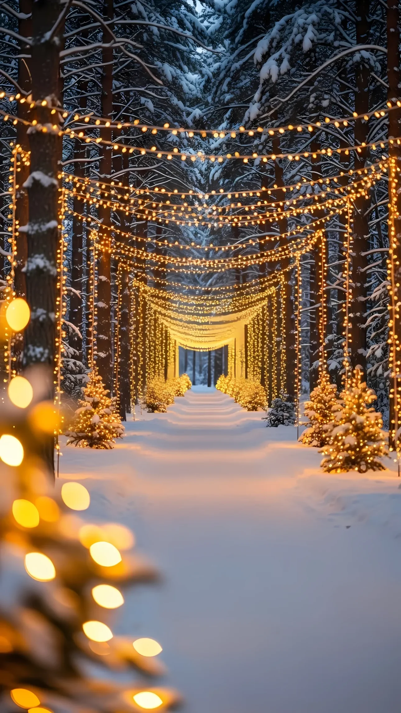 Elevate your holiday designs with this serene winter forest featuring glowing lights on snow-covered trees. Perfect for premium Christmas cards and seasonal marketing campaigns.