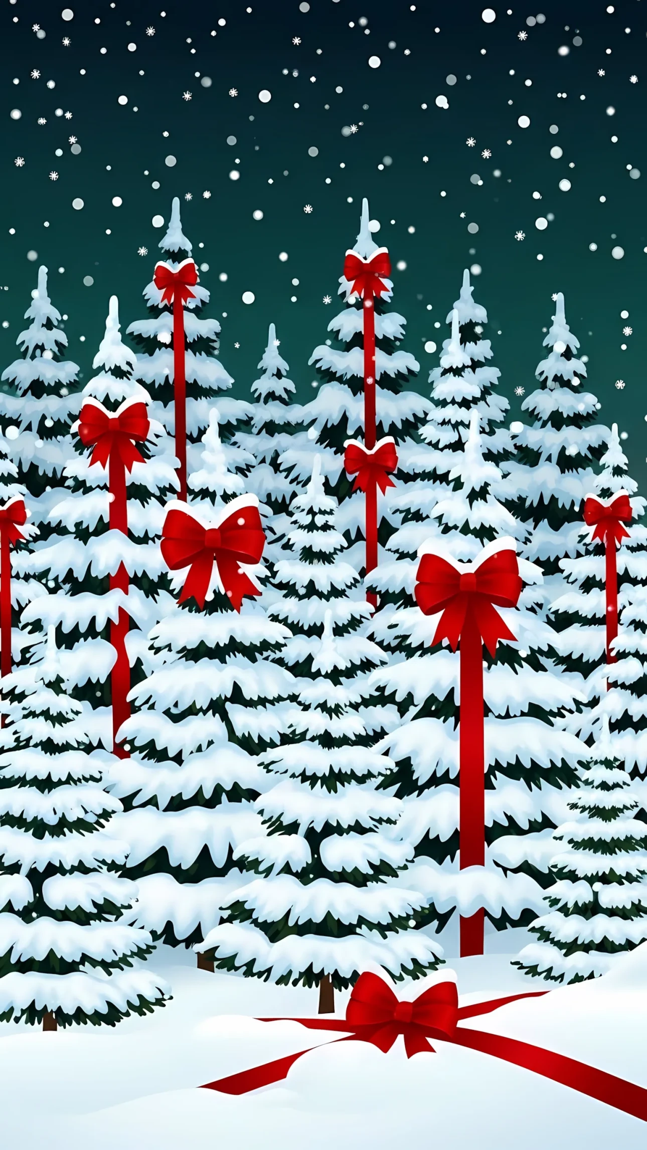 Enhance your designs with this snowy forest illustration featuring festive red bows, ideal for holiday projects and adding a touch of seasonal charm.
