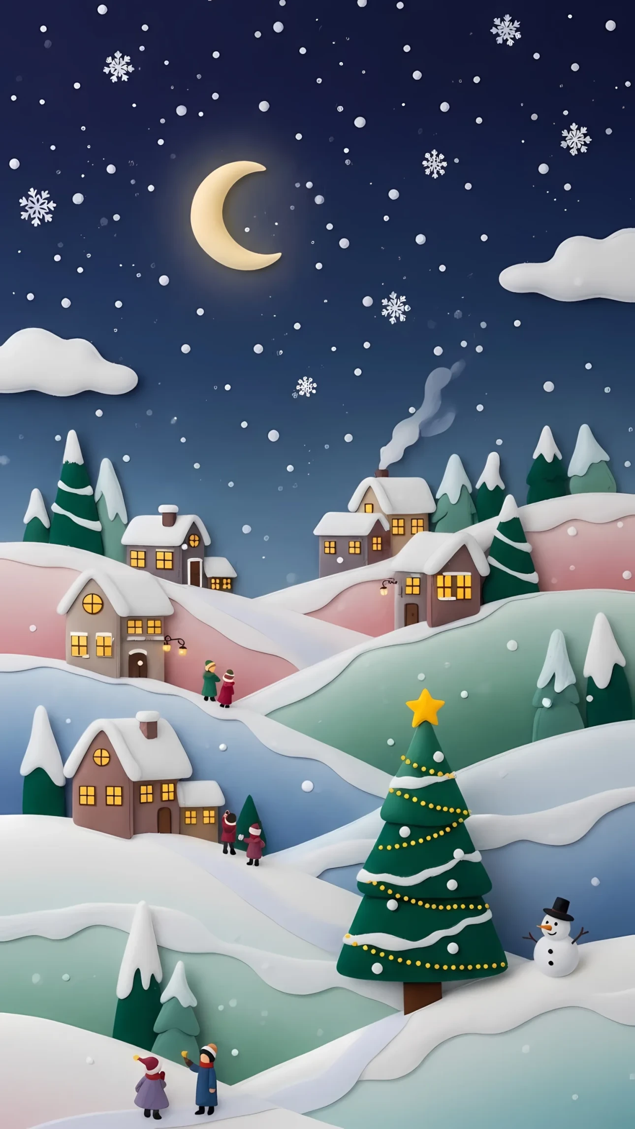 Enhance your holiday projects with this whimsical winter village illustration, featuring a playful style and charming details. Perfect for seasonal greeting cards.
