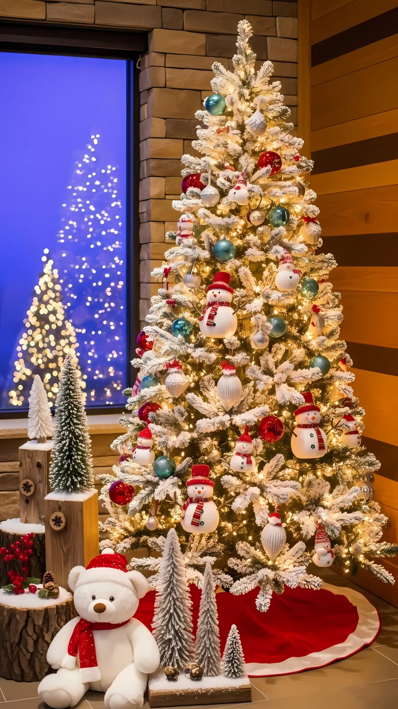 Elevate your holiday designs with this festive Christmas tree featuring cheerful snowman ornaments. Perfect for high-resolution Christmas projects.
