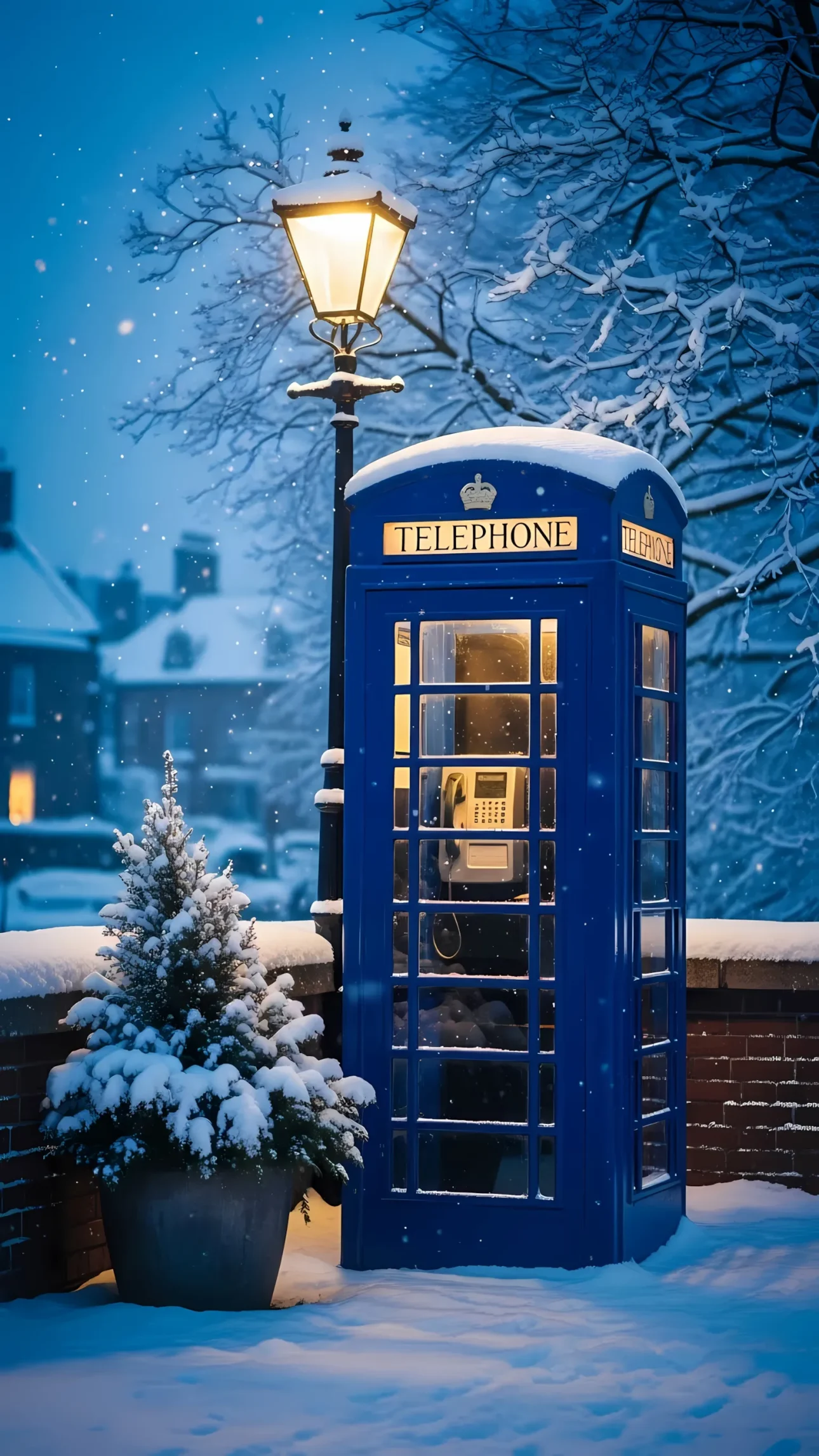 Evoke a cozy winter mood with this striking image of a blue telephone box amidst falling snow. Perfect for holiday designs and seasonal campaigns.