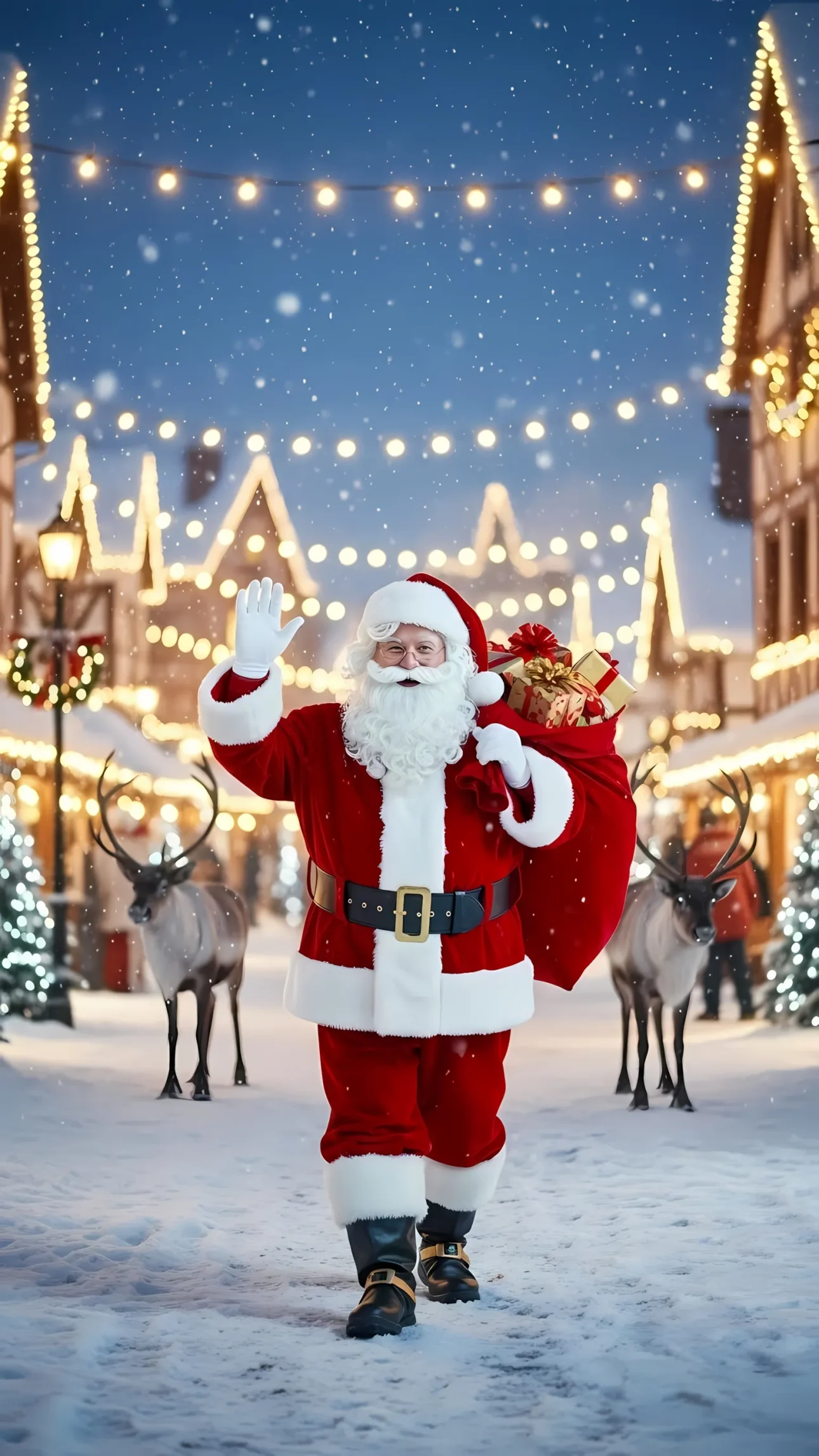 Capture the holiday spirit with this Santa Claus illustration featuring reindeer and a snowy backdrop. Perfect for seasonal greeting cards and festive designs.