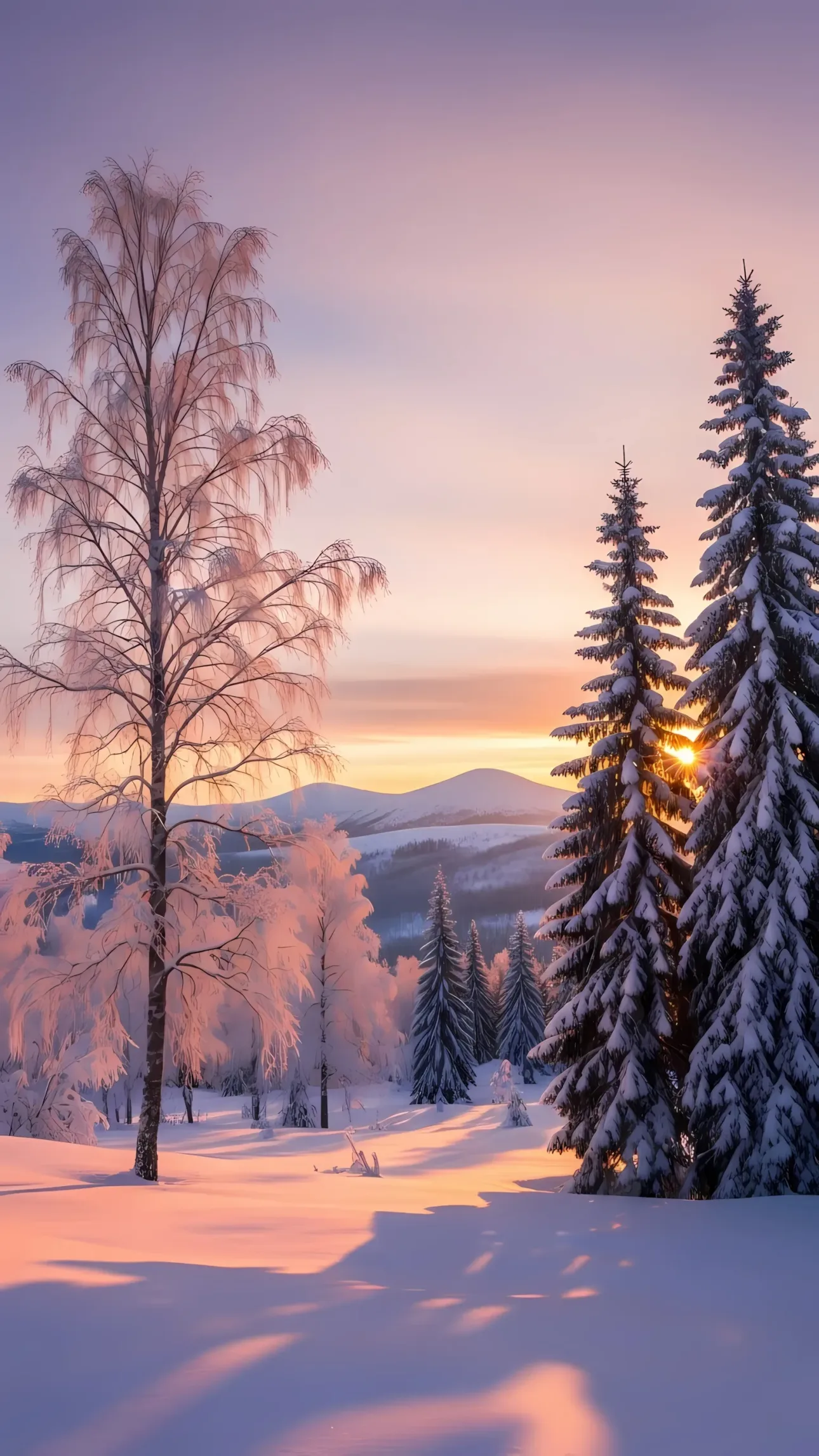 Elevate your designs with this breathtaking winter scene, featuring sunlit snow and frosted trees. Perfect for serene backgrounds and holiday-themed projects.