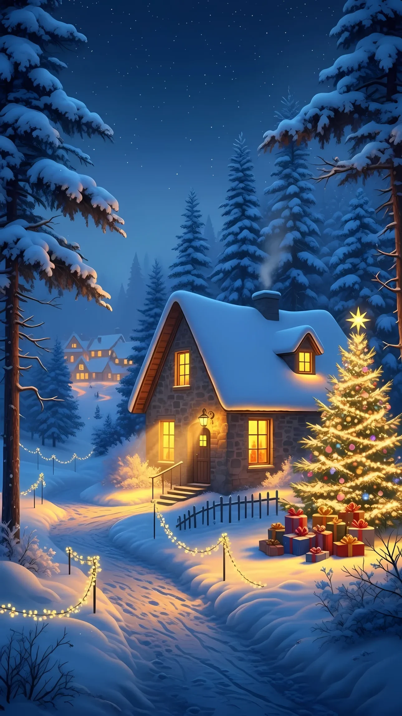 Elevate your designs with this winter scene featuring a snow-covered cottage and Christmas tree. Perfect for festive holiday projects ready for instant commercial use.