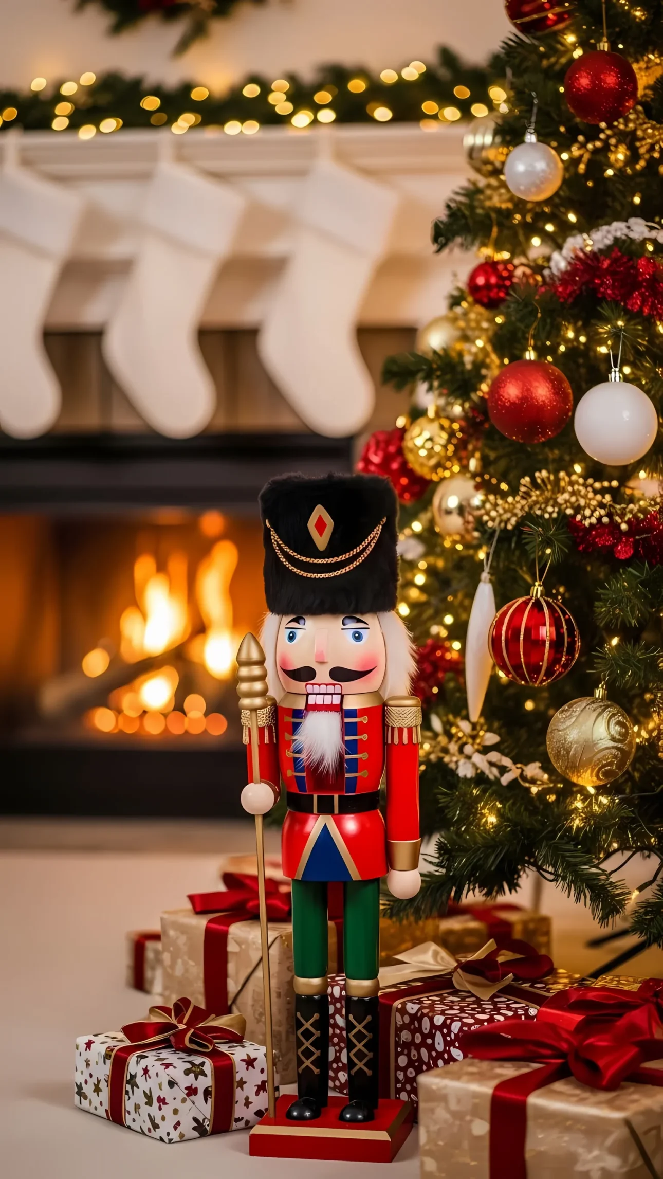 Elevate your holiday designs with this detailed nutcracker scene, featuring a decorated tree and cozy fireplace backdrop. Perfect for creating heartwarming Christmas visuals.