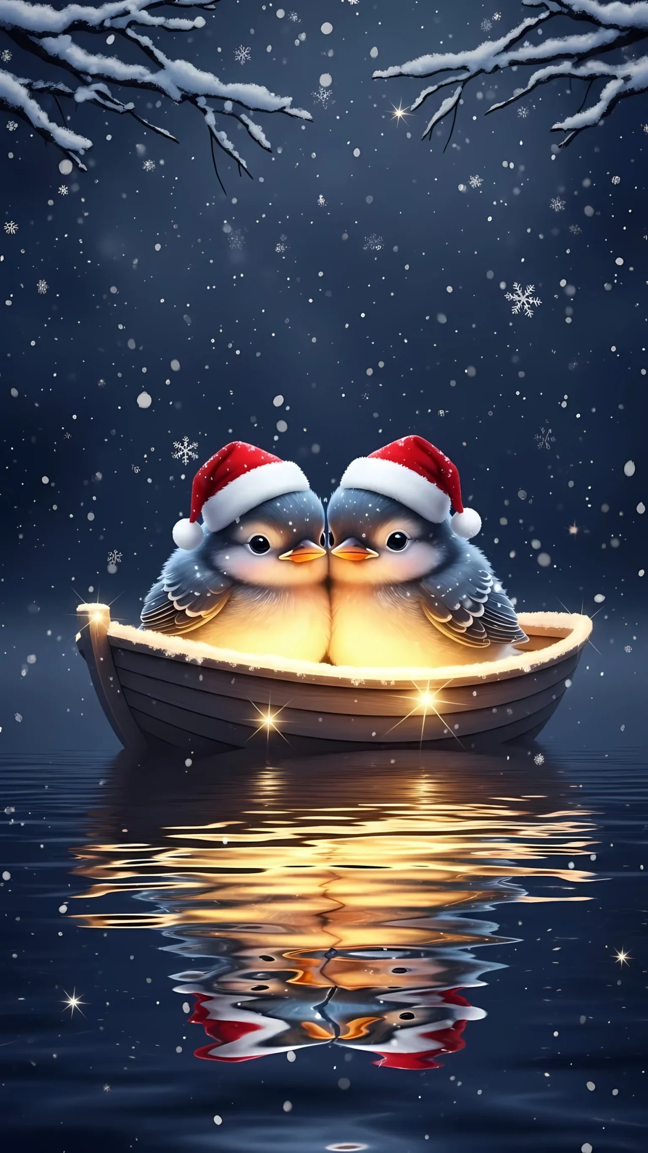 Elevate your designs with this enchanting illustration of birds in Santa hats, afloat on water. Perfect for festive holiday greetings and seasonal designs.