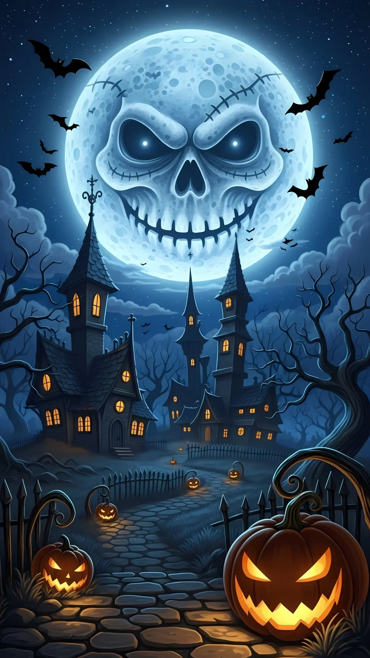 Evoke Halloween chills with this eerie night scene featuring haunted houses beneath a sinister skull moon. Ideal for spooky seasonal designs, ready for commercial projects.