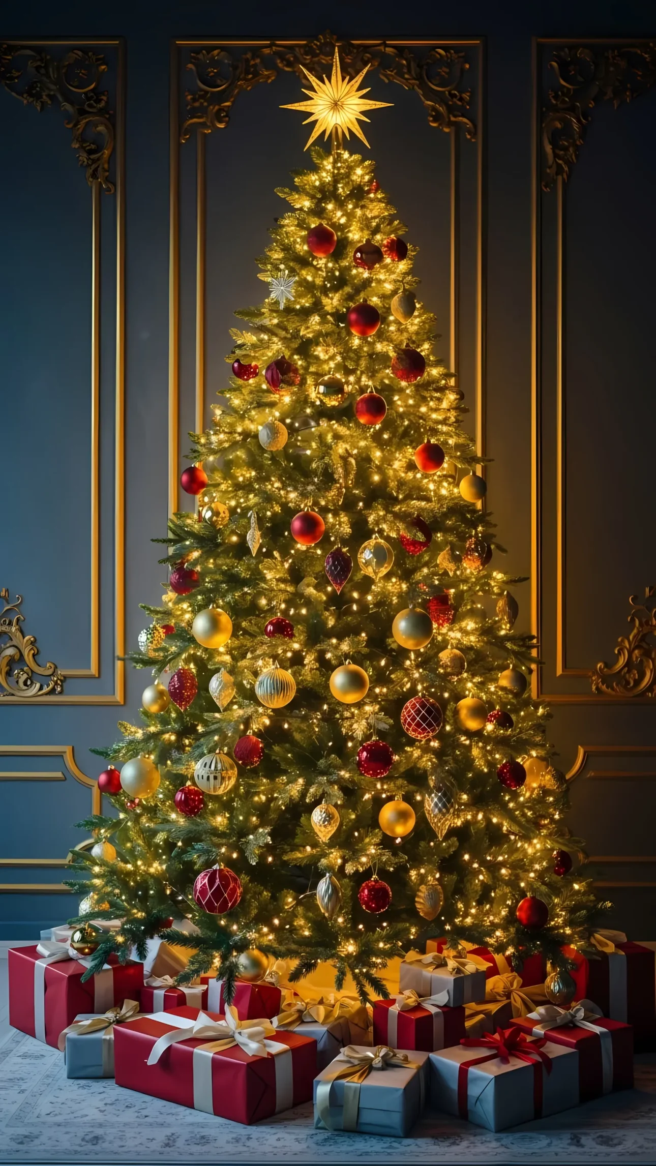Elevate your holiday designs with this stunning Christmas tree image featuring elegant ornaments and soft, golden lights. Perfect for premium seasonal campaigns.