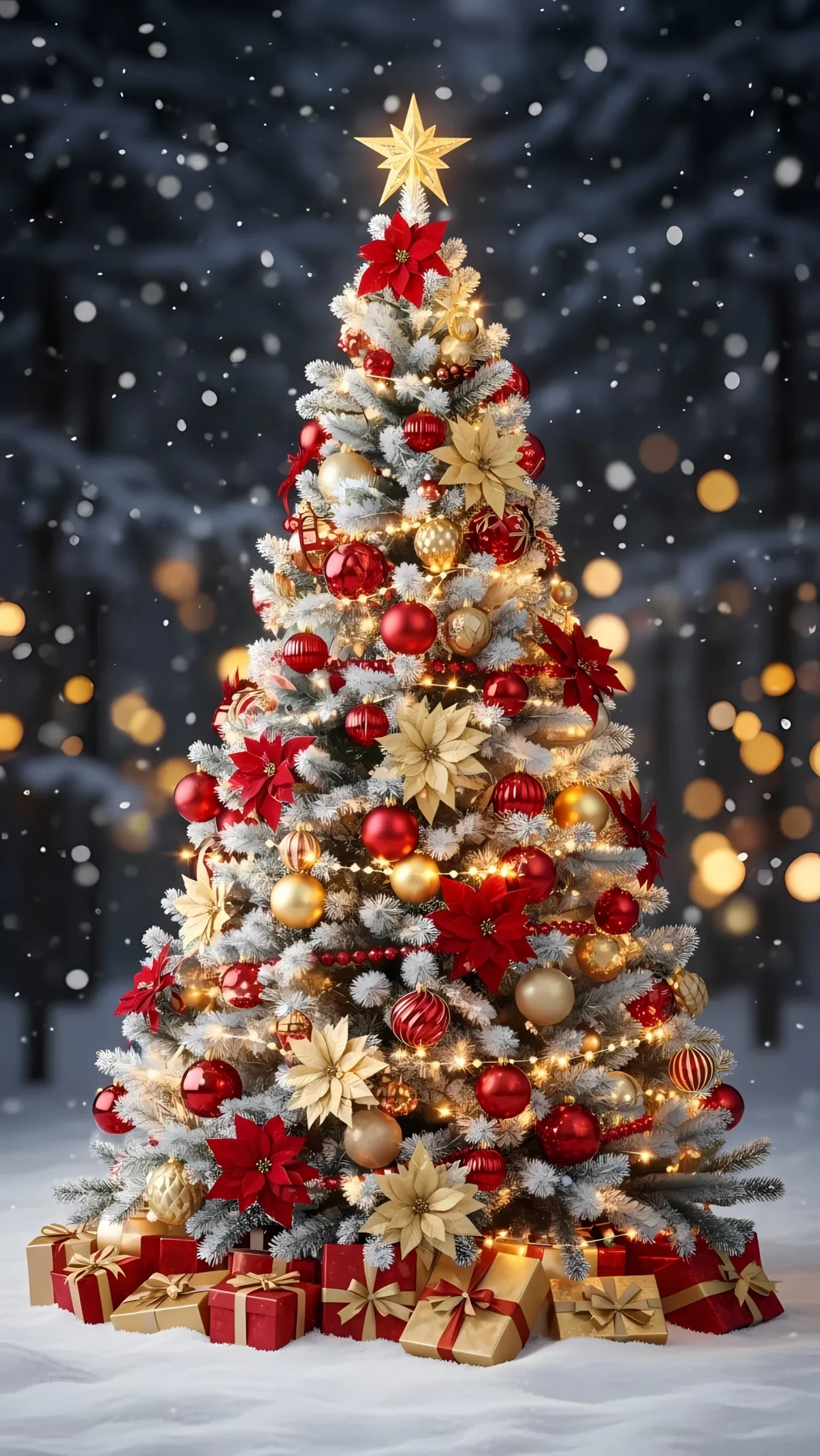 Elevate your holiday designs with this beautifully adorned Christmas tree featuring festive red and gold ornaments and soft bokeh. Perfect for high-end holiday campaigns.