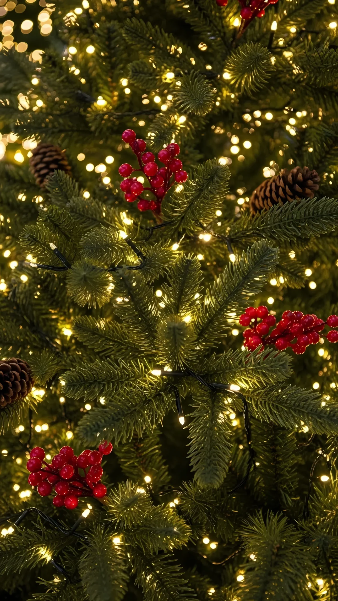 Elevate your festive designs with this detailed Christmas tree, complete with rustic pinecones and bright red berries, perfect for creating a cozy holiday atmosphere.