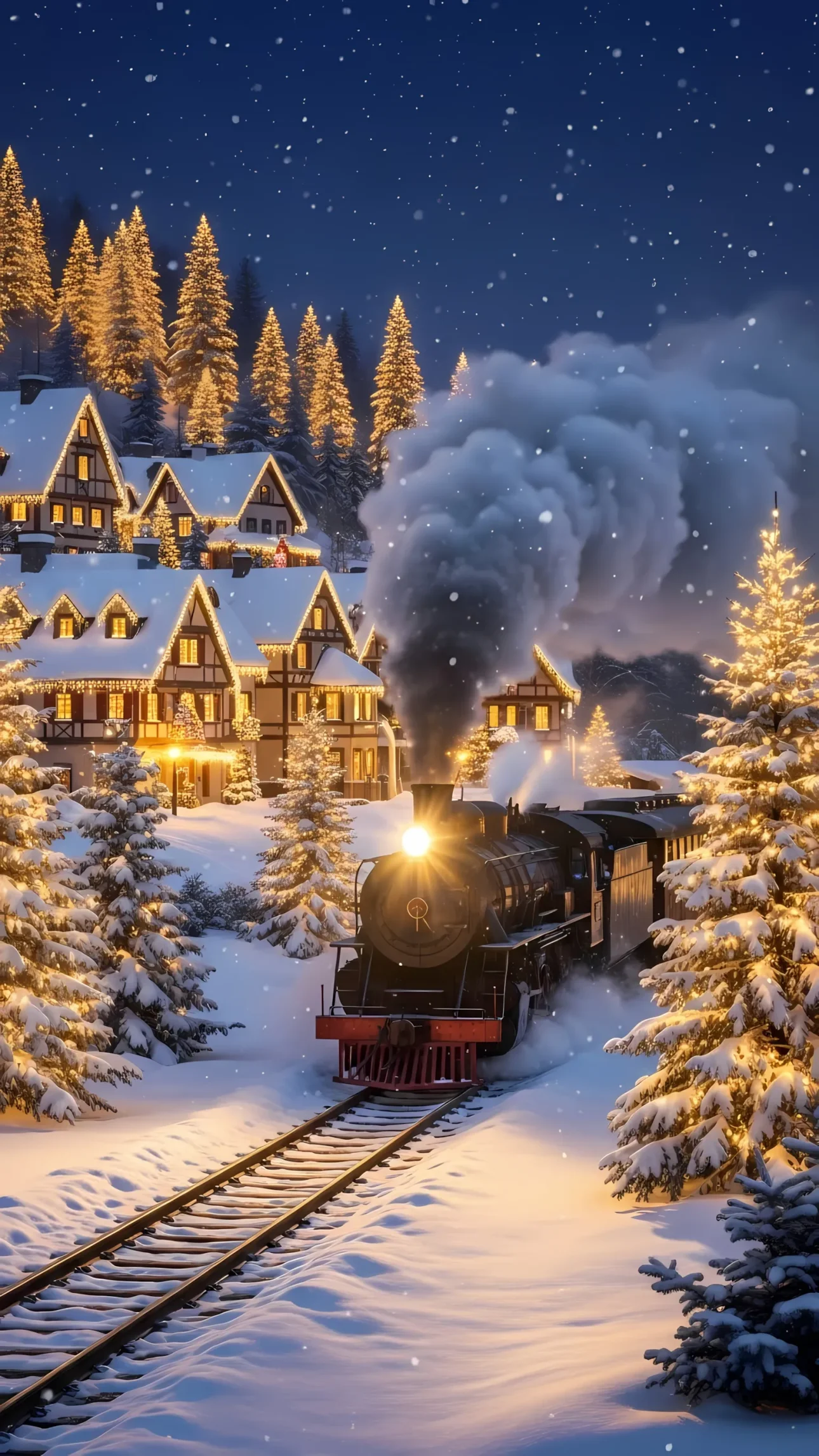 Evoke holiday magic with this snowy village scene featuring a steam train! Scalable illustration perfect for winter-themed designs and festive projects.