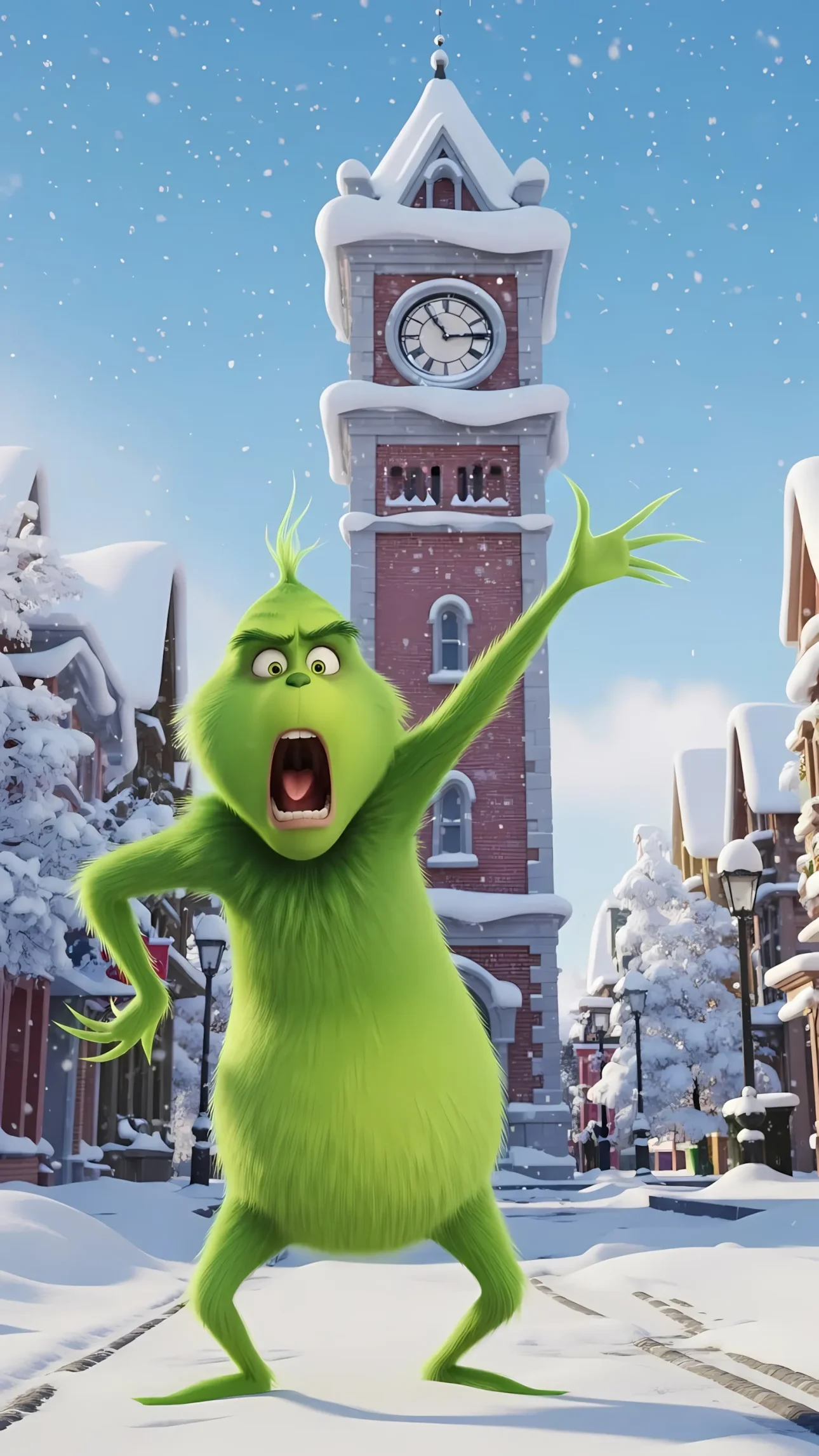 Elevate your holiday projects with this vibrant scene of the Grinch in a snowy town, perfect for seasonal campaigns and heartwarming designs.