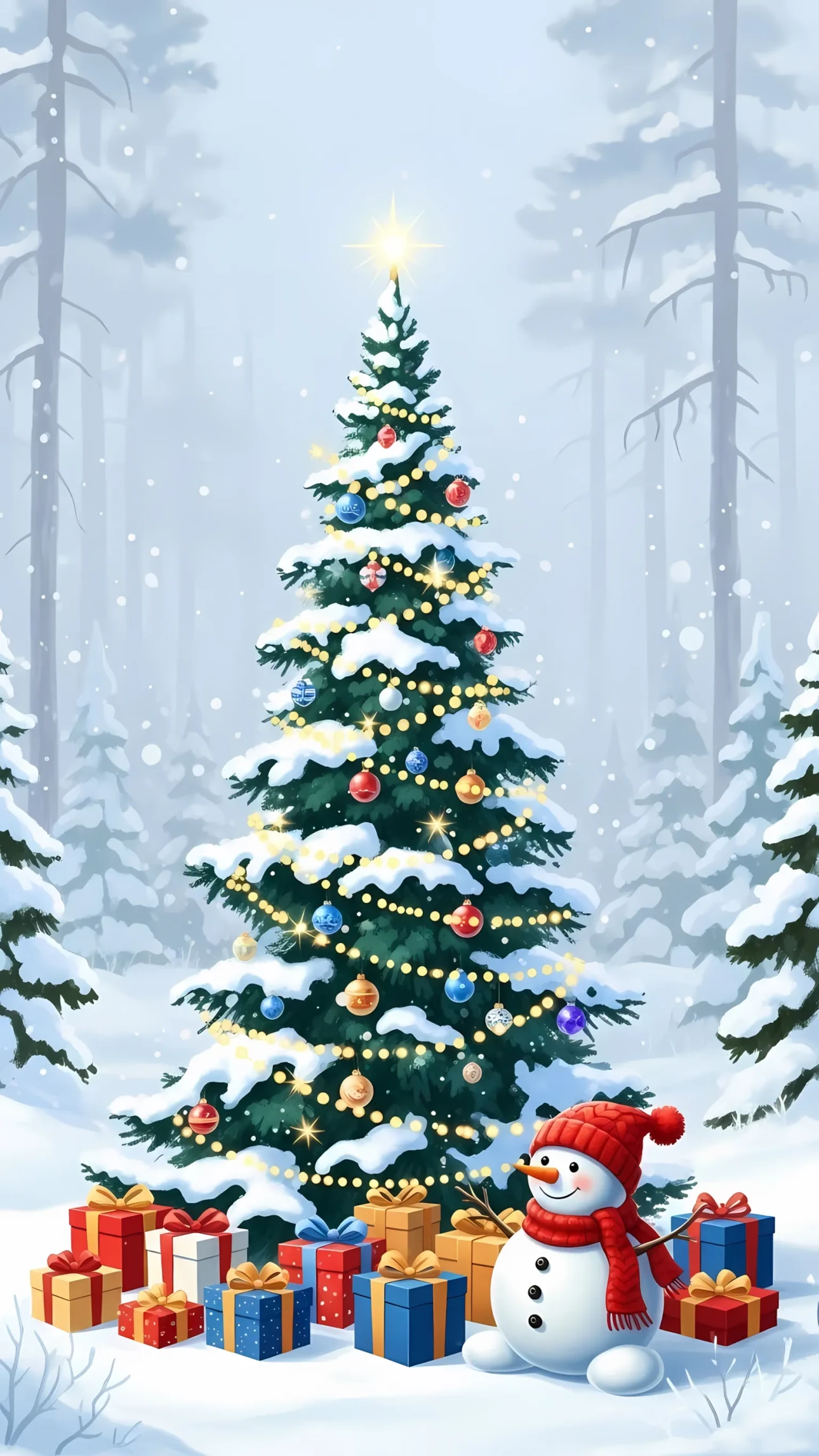 Enhance your holiday projects with this charming Christmas scene featuring a decorated tree, gifts, and a friendly snowman. Perfect for seasonal greeting cards.