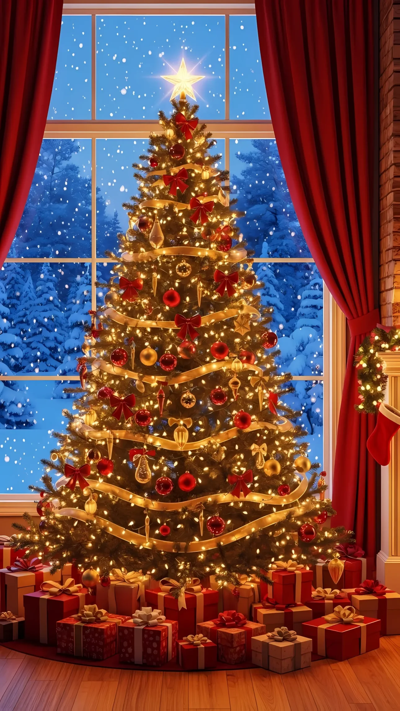 Elevate your holiday designs with this Christmas tree featuring red ornaments and presents, creating a warm and inviting festive atmosphere. Perfect for seasonal campaigns.