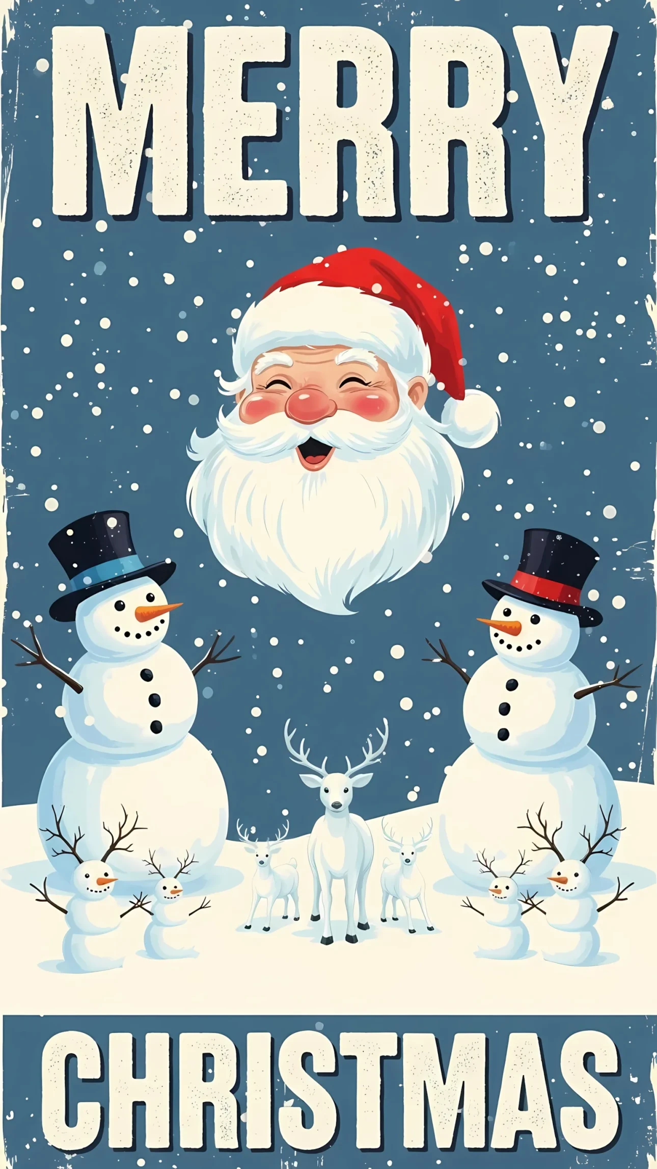 Elevate your holiday project with this charming illustration featuring Santa, snowmen, and reindeer. Premium design asset, perfect for seasonal greetings.
