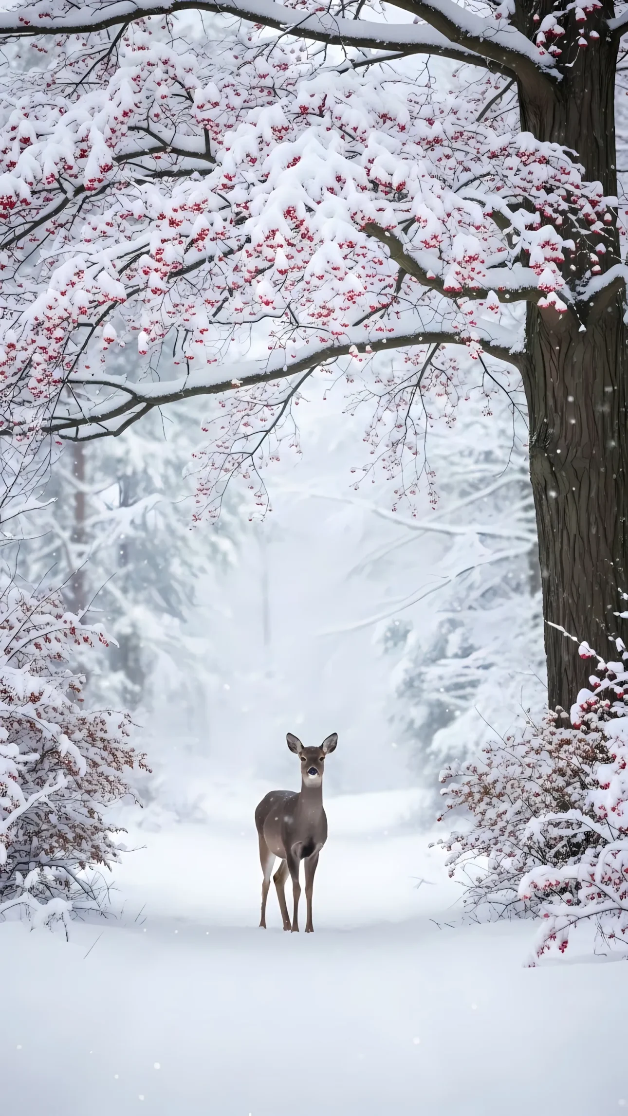 Enhance your designs with this serene winter scene featuring a deer amidst snow-covered trees and vibrant red berries. Perfect for holiday-themed visuals.