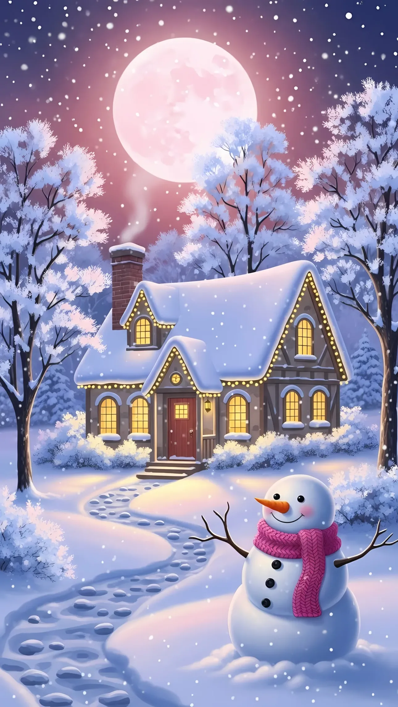 Enhance your designs with this adorable winter scene featuring a snowman, cozy house, and a beautiful moon, perfect for seasonal marketing projects.