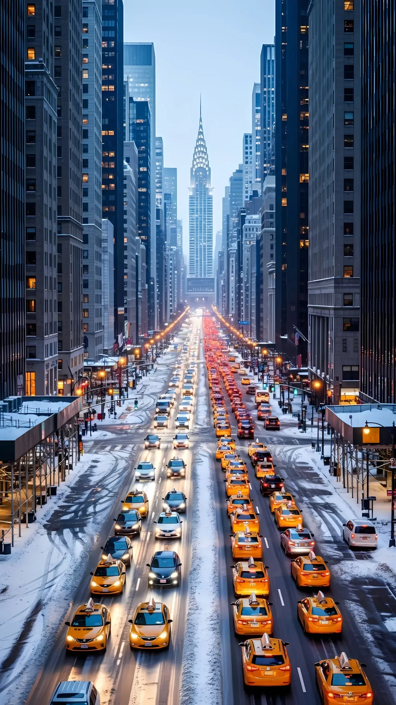 Capture the essence of New York with this stunning aerial view featuring yellow taxis in the snow. Ideal for urban-themed projects requiring vibrant authenticity.
