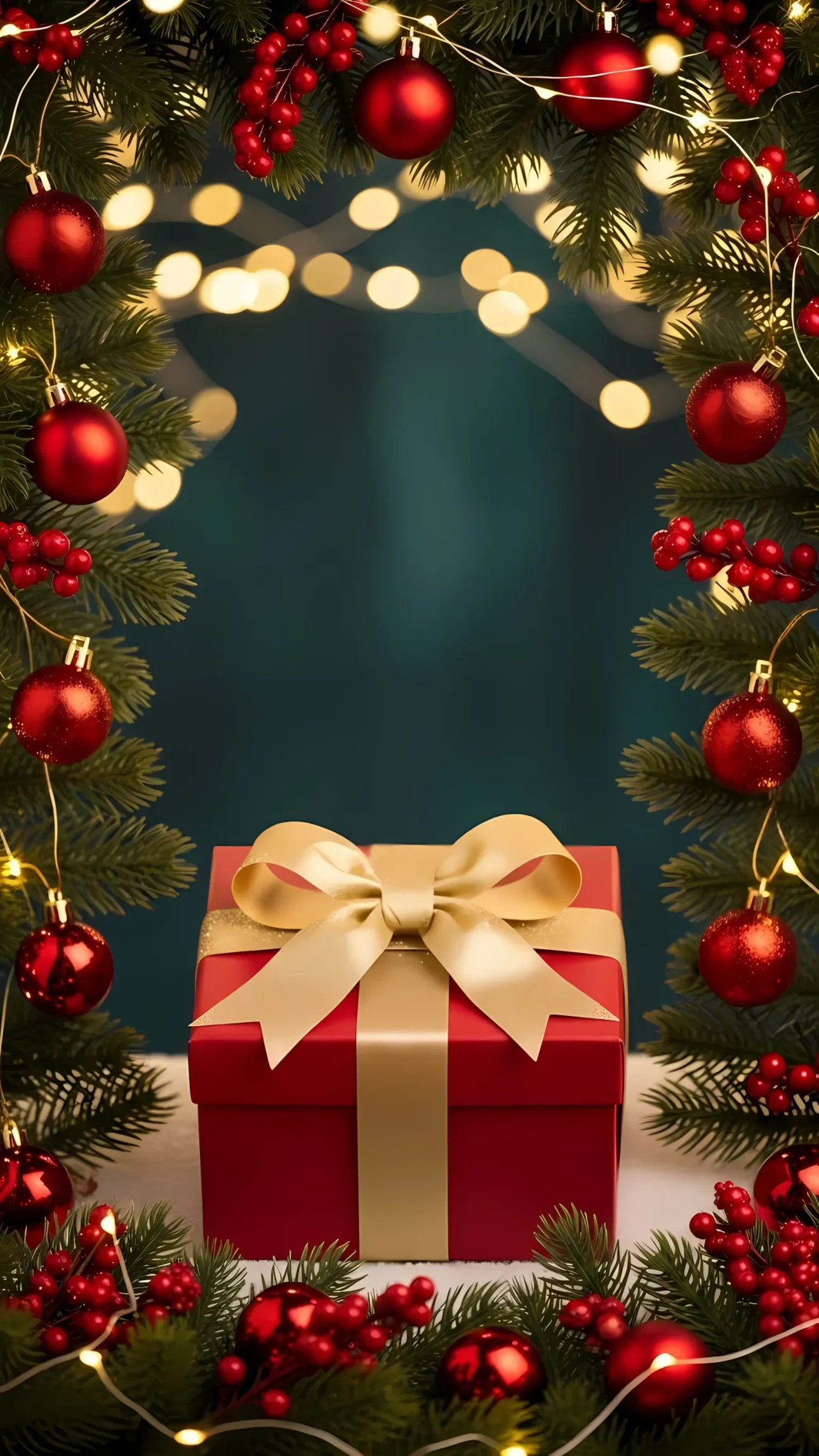 Elevate your holiday designs with this premium image of a festive gift surrounded by lush Christmas decor. Perfect for crafting memorable and elegant seasonal campaigns.