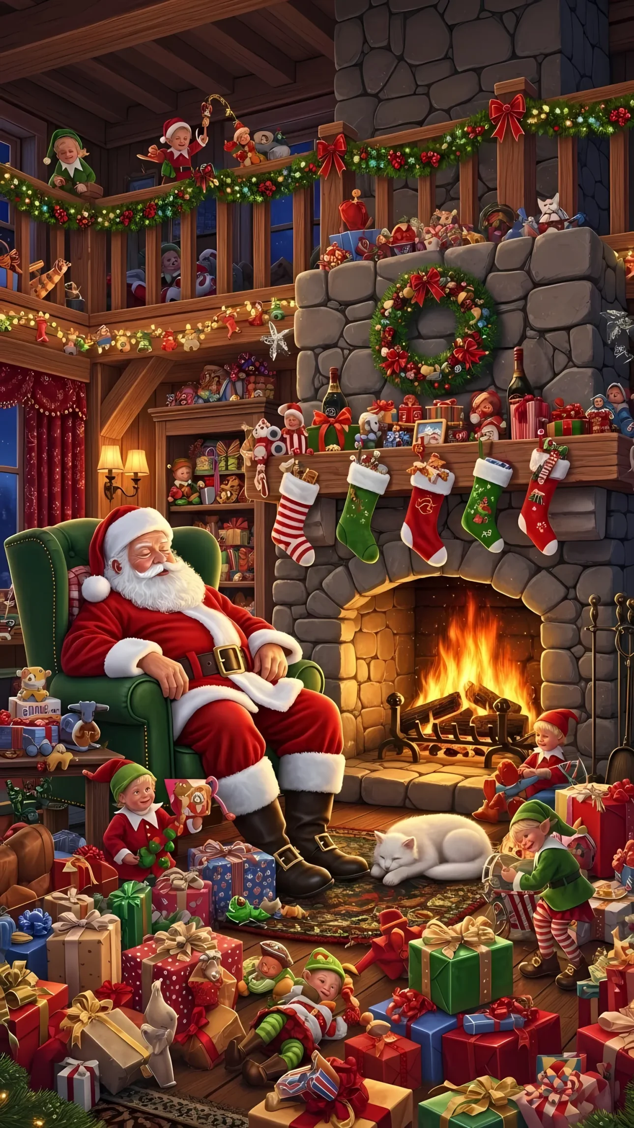 Elevate your designs with this heartwarming scene of Santa resting amidst Christmas cheer. Ideal for holiday promotions and capturing seasonal magic perfectly.