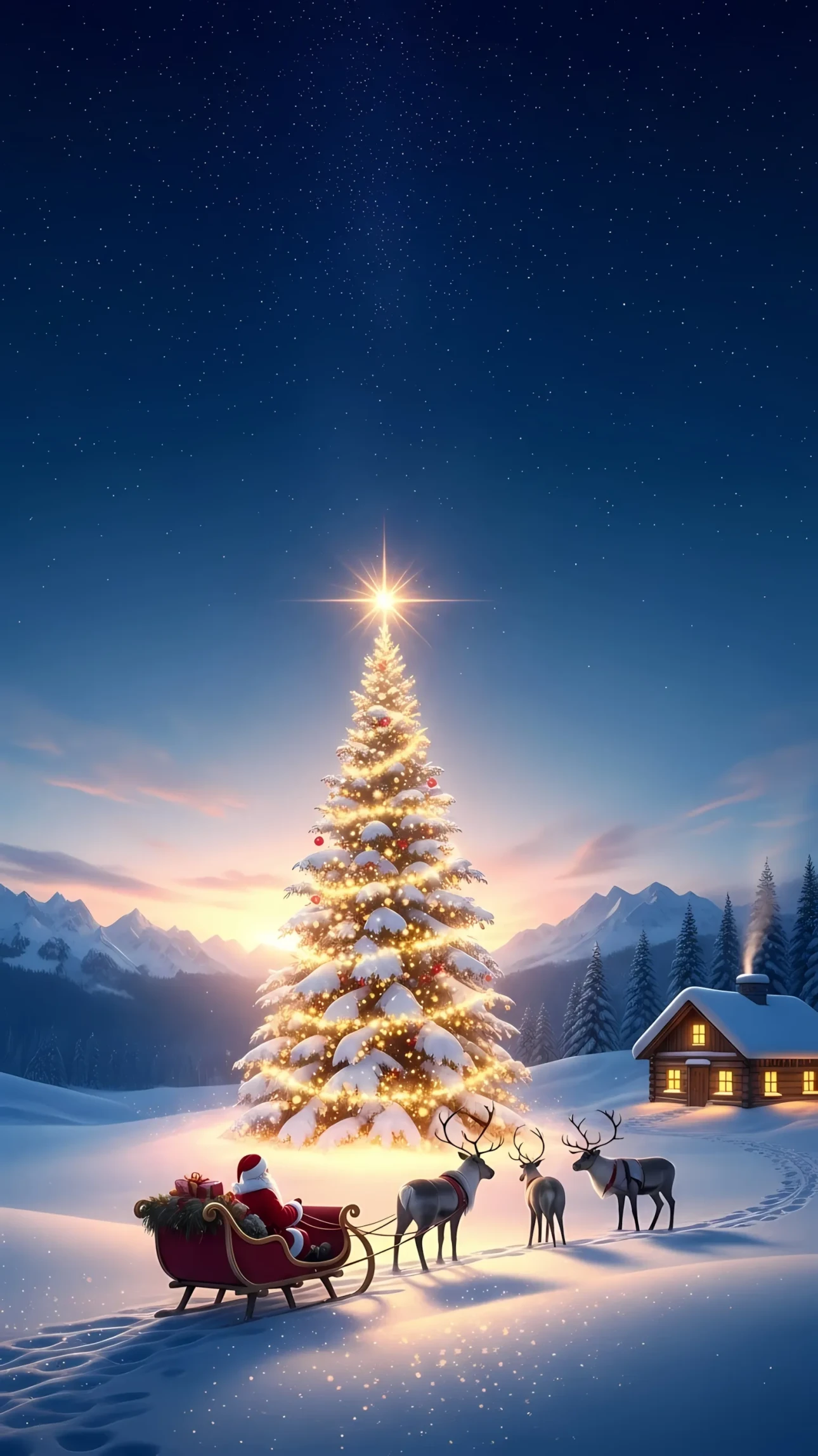 Elevate your festive designs with this enchanting scene featuring Santa, reindeer, and a Christmas tree in a snowy landscape. Ideal for high-impact holiday campaigns.