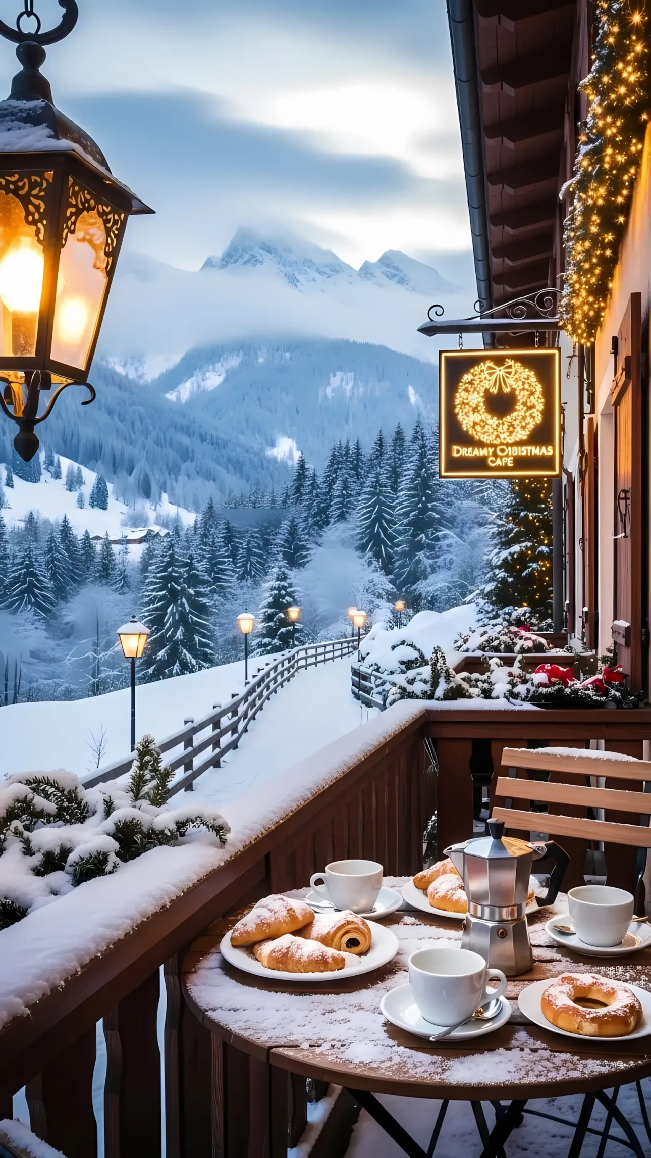 Elevate your designs with this cozy winter cafe scene. Premium image perfect for holiday-themed branding or creating a warm, inviting atmosphere.