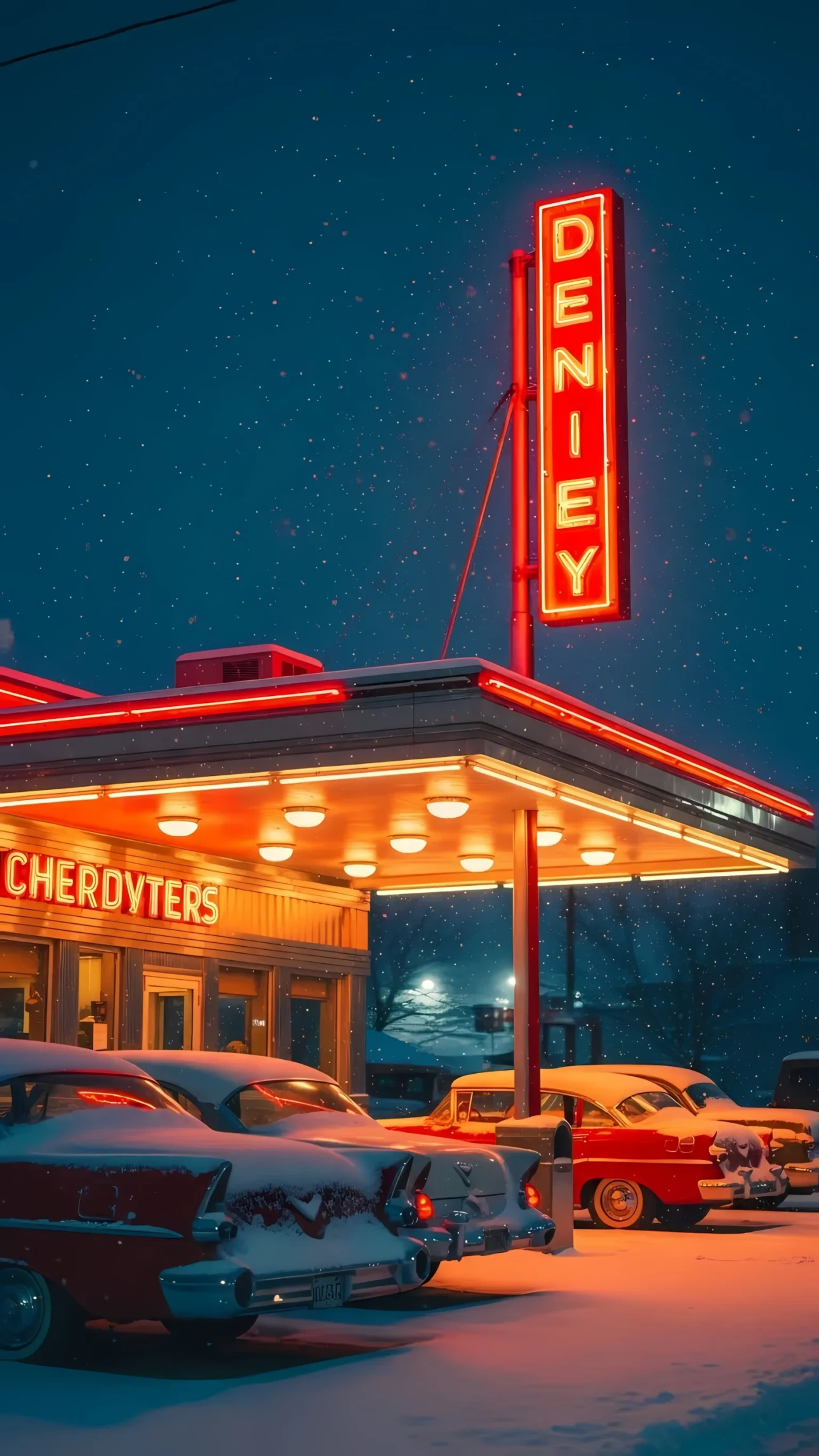 Evoke nostalgia with a vintage diner image featuring snow-covered classic cars. Ideal for automotive blogs and retro-themed graphic designs. Perfect for social media.