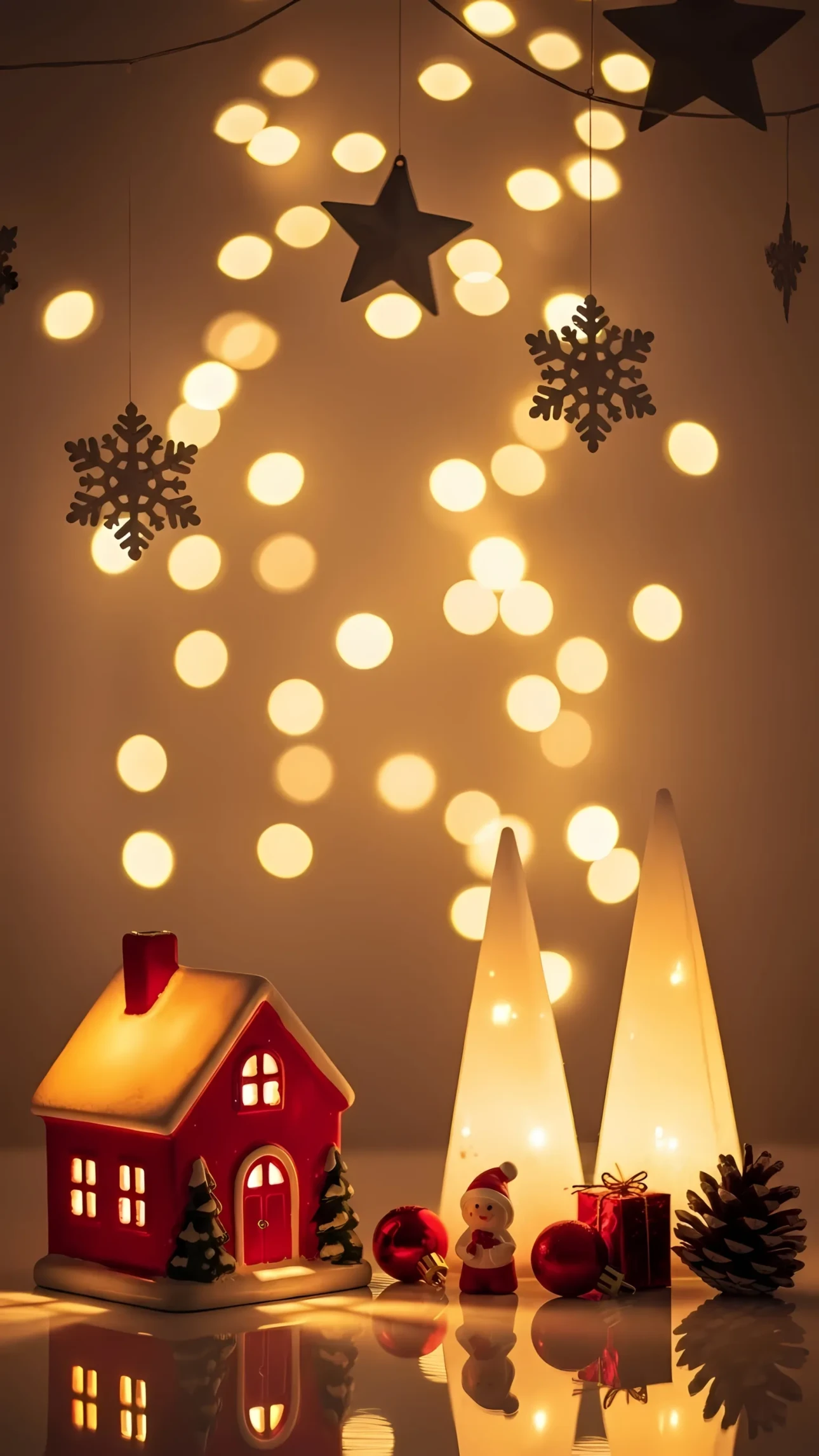 Elevate your holiday designs with this charming Christmas scene featuring a glowing house and festive ornaments. Perfect for seasonal marketing campaigns.