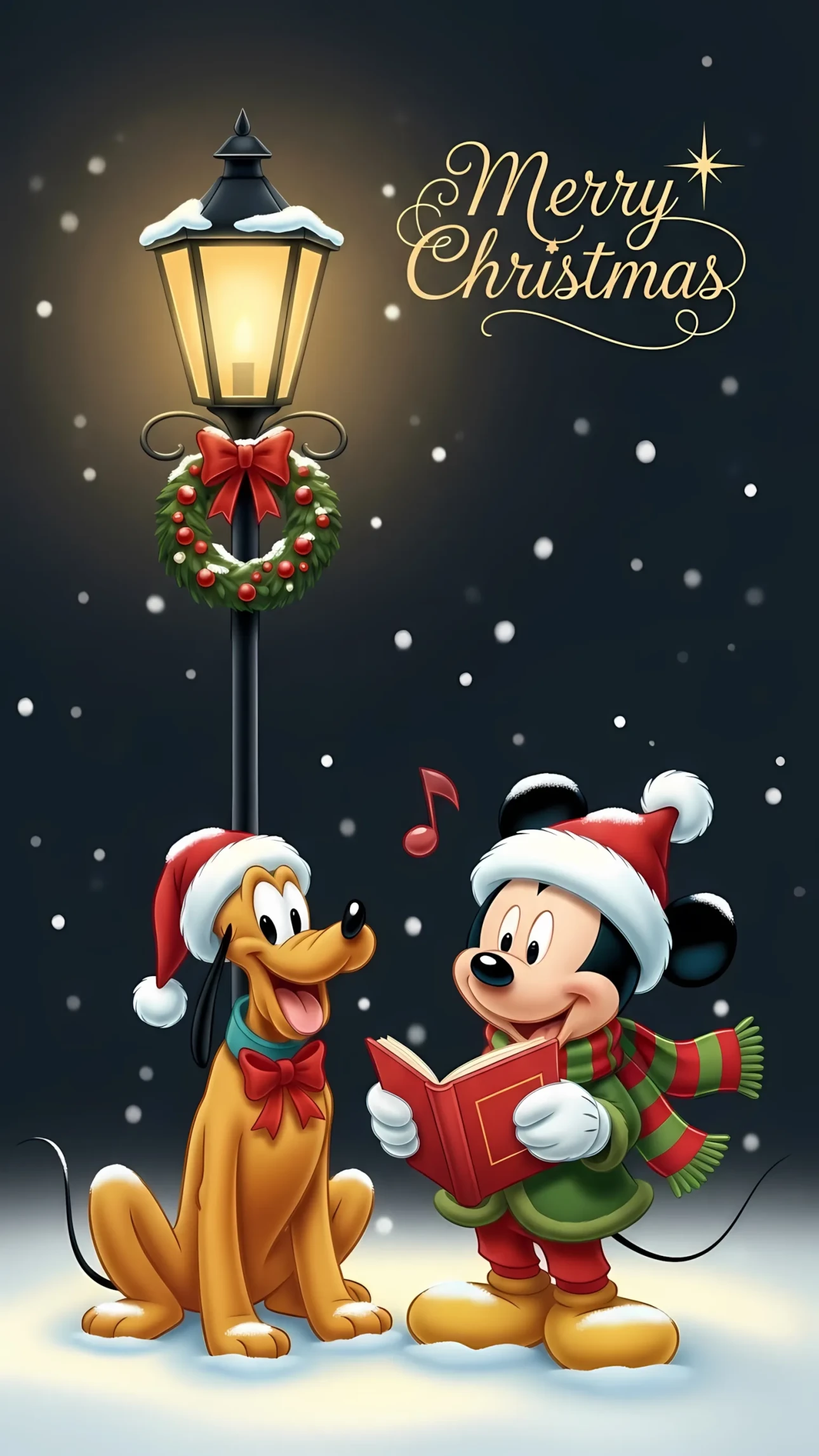 Enhance your seasonal projects with this charming illustration of Mickey and Pluto singing Christmas carols, perfect for holiday greeting cards and cheerful designs.