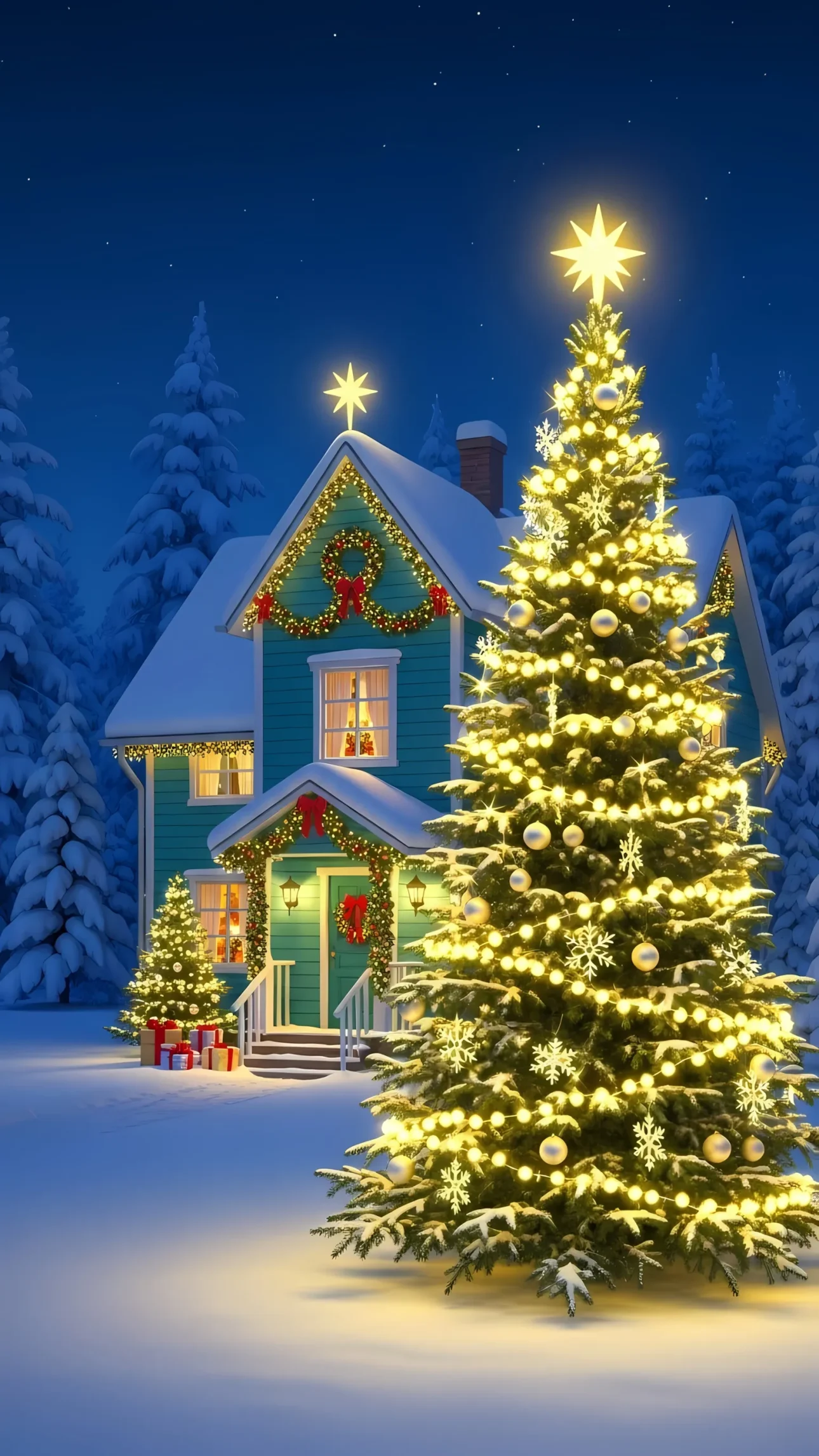 Elevate your holiday designs with this charming Christmas scene featuring a decorated house and tree. Perfect for creating heartwarming seasonal content.