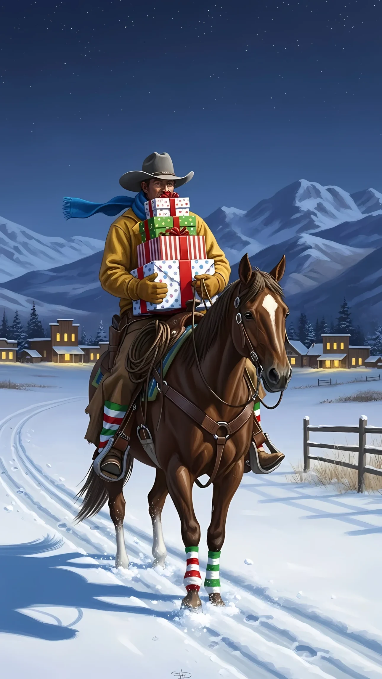 Elevate your holiday designs with this festive cowboy illustration featuring a horse and Christmas gifts. Premium design asset perfect for greeting cards and winter promotions.