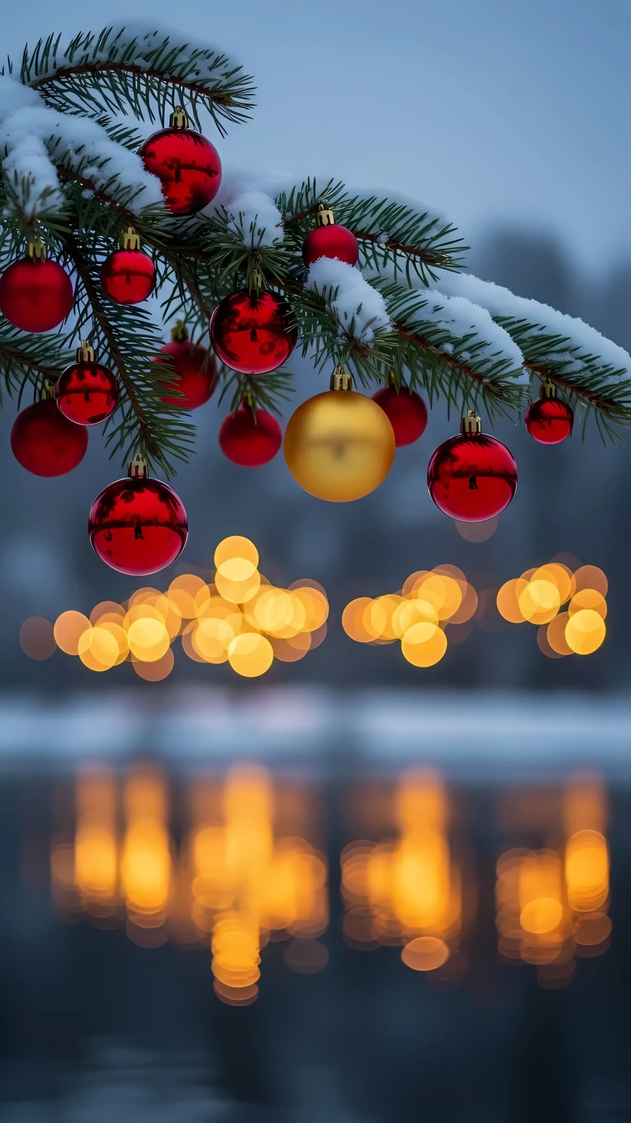 Elevate your holiday designs with this festive image of Christmas ornaments on a snow-covered branch, bokeh lights and water reflection. Perfect for seasonal campaigns.