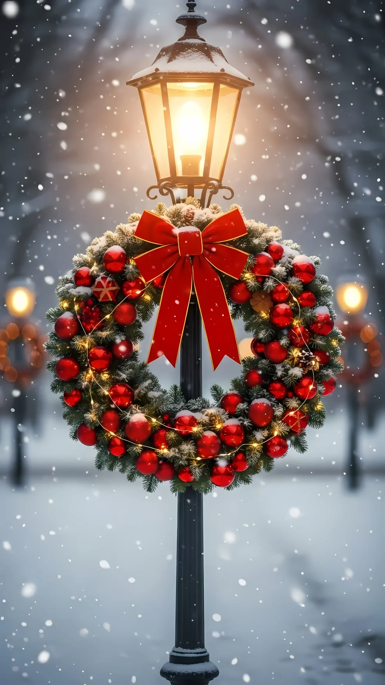 Evoke holiday cheer with this festive Christmas wreath featuring a red bow, perfect for seasonal promotions or winter-themed designs. Ready for commercial projects.