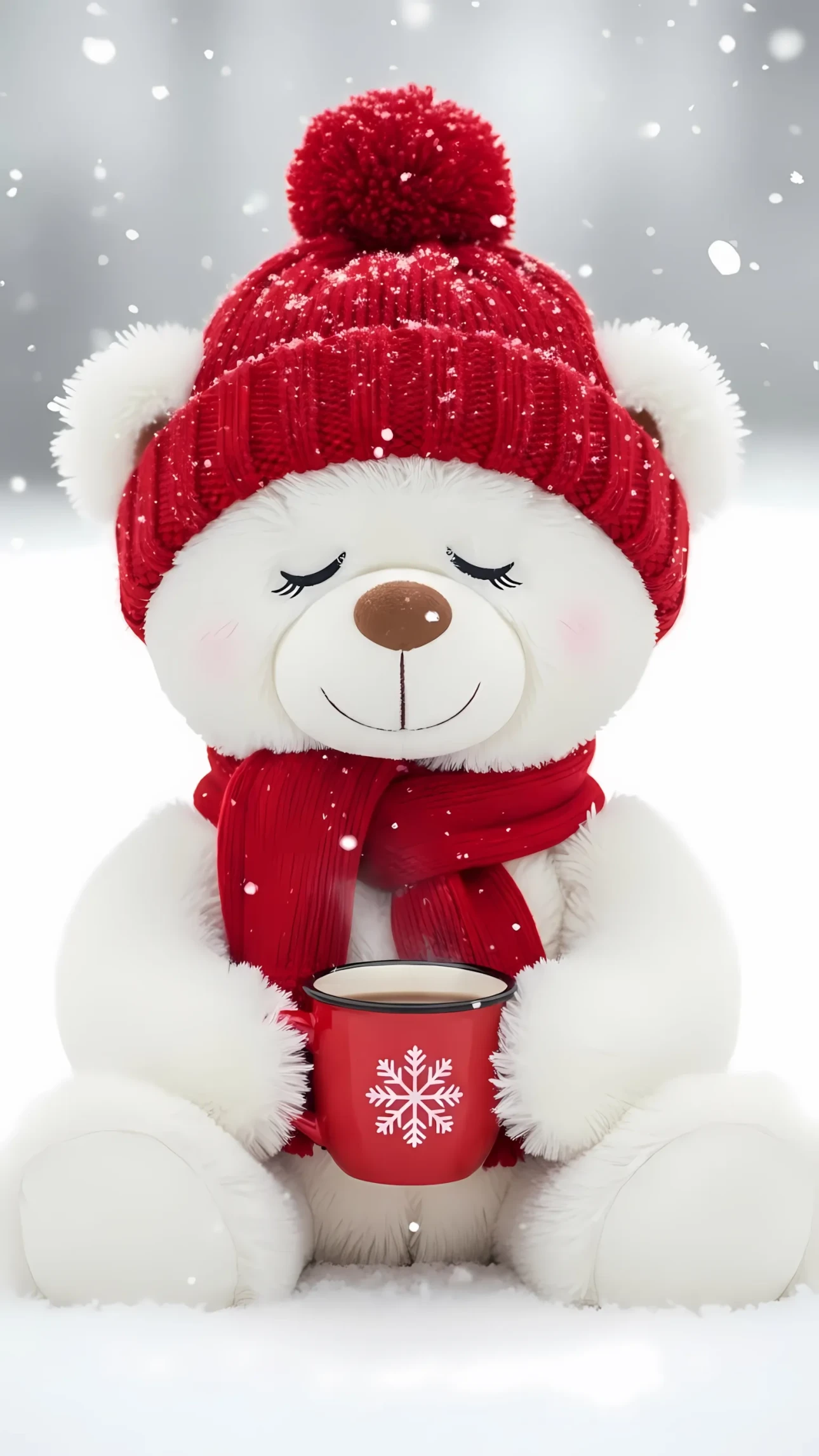 Elevate your holiday designs with this charming teddy bear featuring a snowflake mug. Perfect for seasonal greetings and cozy winter themes.