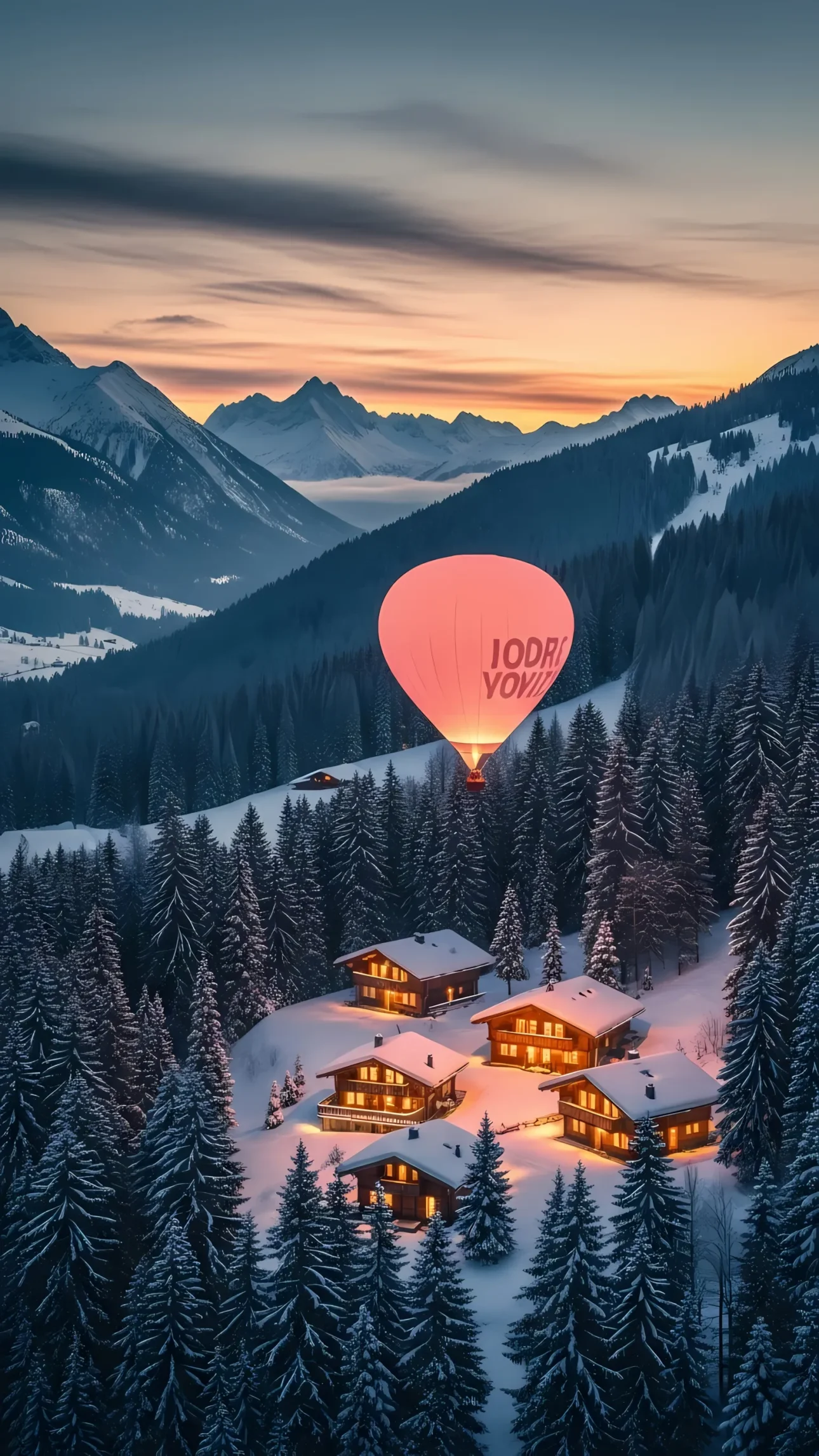 Elevate your projects with this stunning landscape featuring illuminated chalets and a hot air balloon. Perfect for travel blogs, winter holiday promotions, and scenic backgrounds.