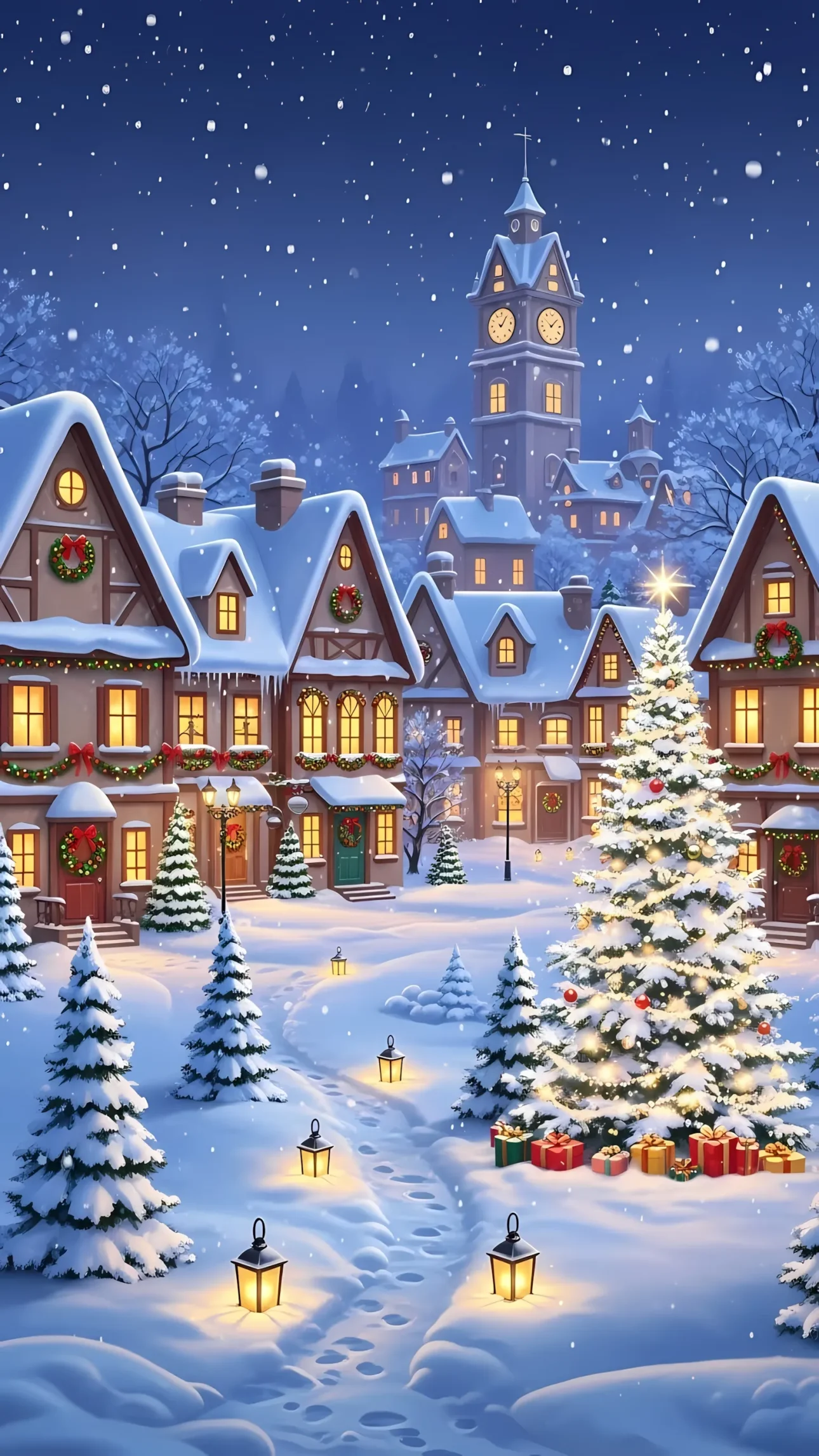 Elevate your holiday designs with this charming Christmas village illustration featuring snow-covered houses and festive decorations. Ideal for seasonal projects.