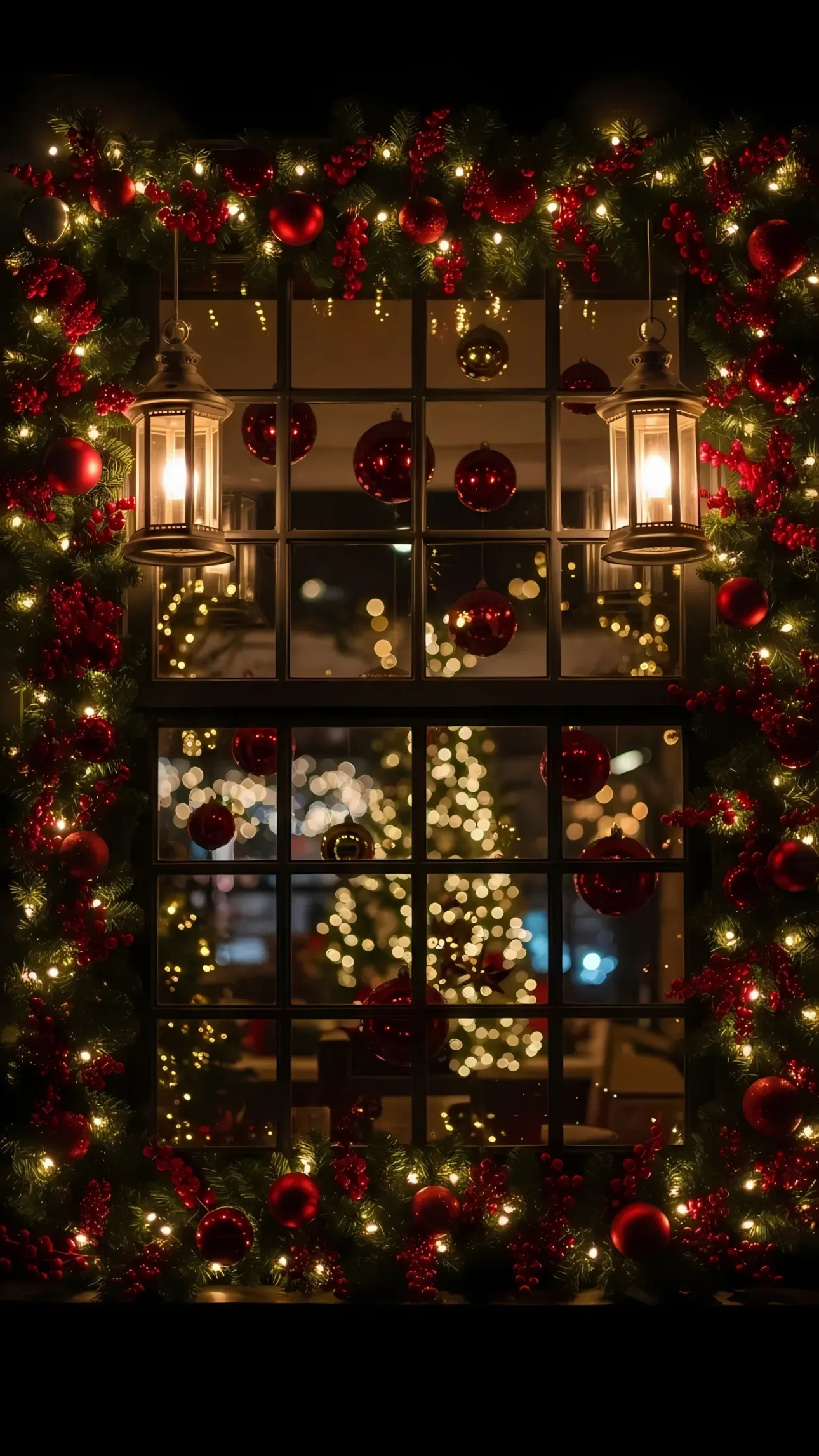 Elevate your holiday designs with this cozy Christmas window illustration, decorated with festive garlands and radiant lights. Perfect for premium holiday marketing visuals.