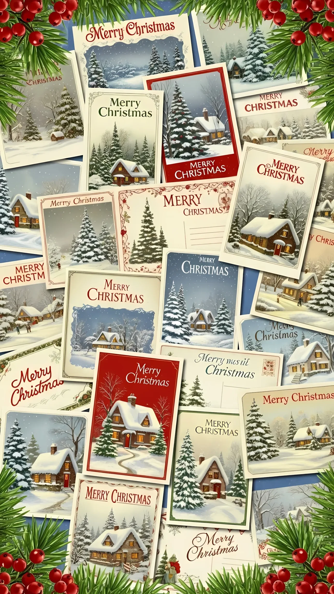 Enhance your holiday designs with this collection of vintage Christmas postcards featuring quaint snow-covered houses. Perfect for adding a nostalgic touch to festive projects.
