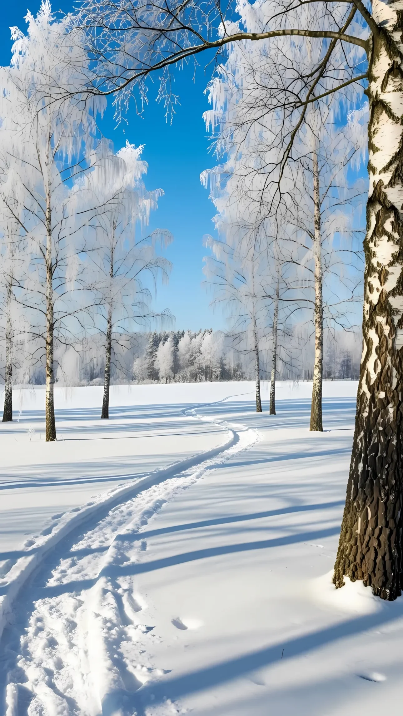 Capture the serene beauty of winter with this landscape featuring snow-covered birch trees. Ideal for seasonal designs and evoking a calm, frosty atmosphere.
