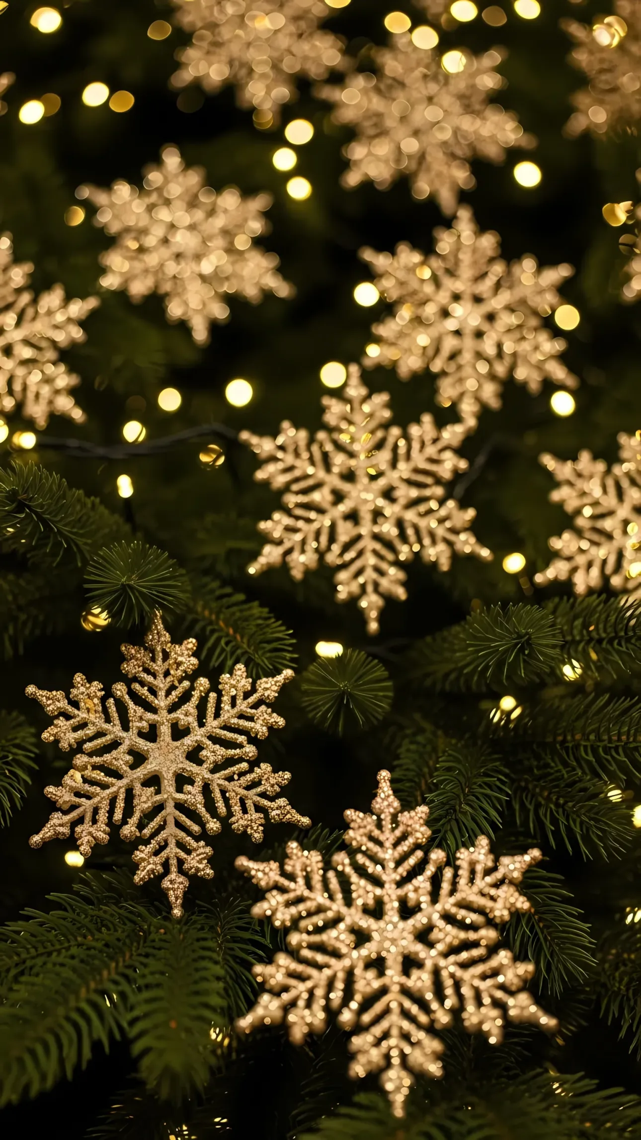 Evoke holiday magic with this radiant scene featuring sparkling snowflakes and soft bokeh. Ideal for festive designs and adding warmth to your creative projects.