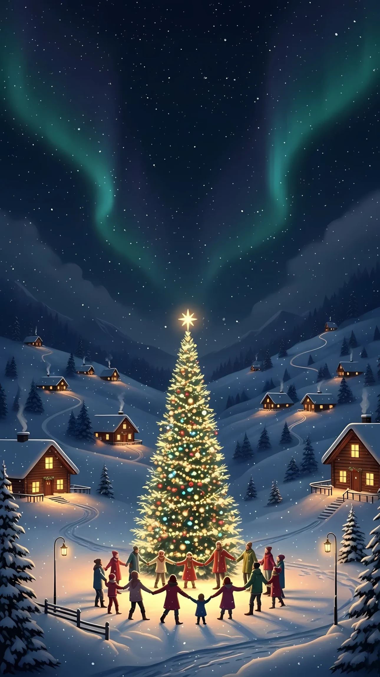 Evoke the magic of Christmas with this captivating scene of a snow-covered village featuring a festive tree and aurora lights. Ideal for winter holiday designs.
